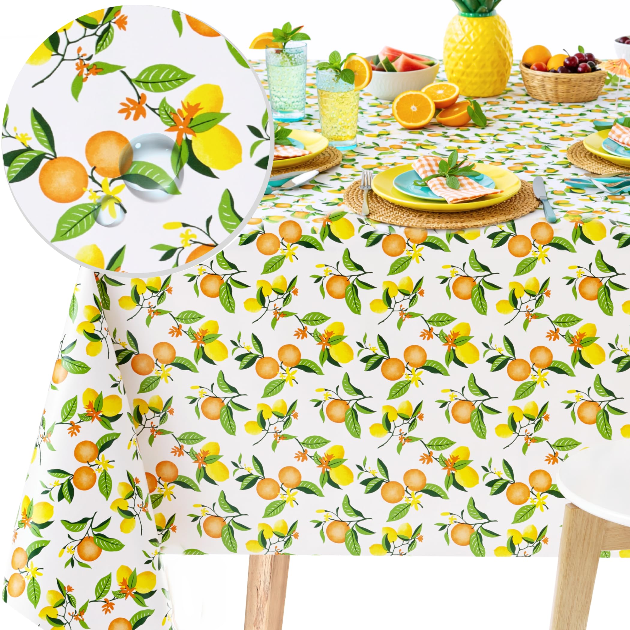 KP HOME PVC Table Cloth Wipe Clean Tablecloth in Juicy Lemons Print - Square 140x140 cm - 55x55 Wipeable and Waterproof Plastic Table Cover -White Oilcloth Yellow Fruits Vinyl Protector for Outdoor โ image 1