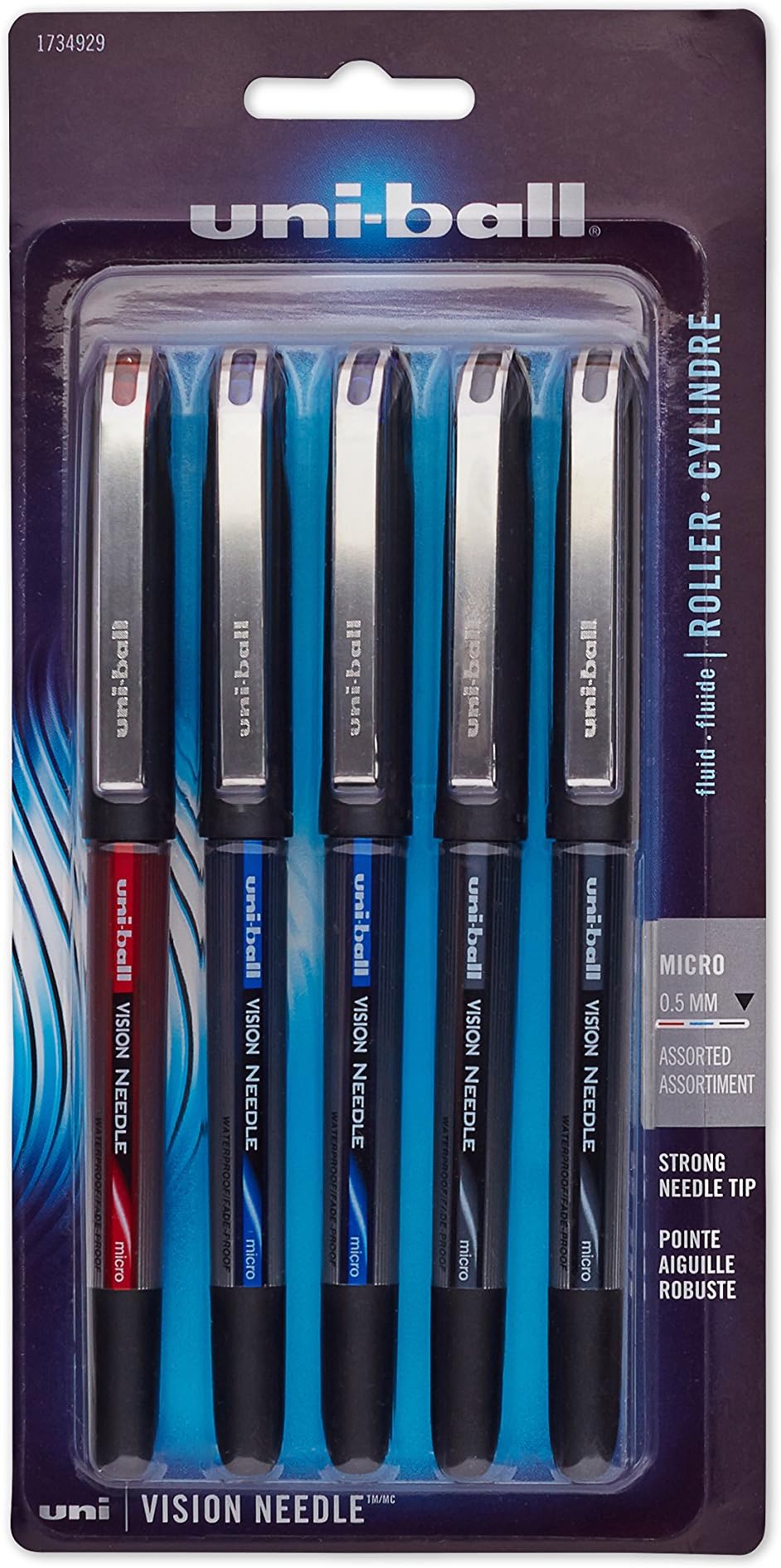 uniball Vision Needle Rollerball Pens, Micro Point (0.5mm), Assorted