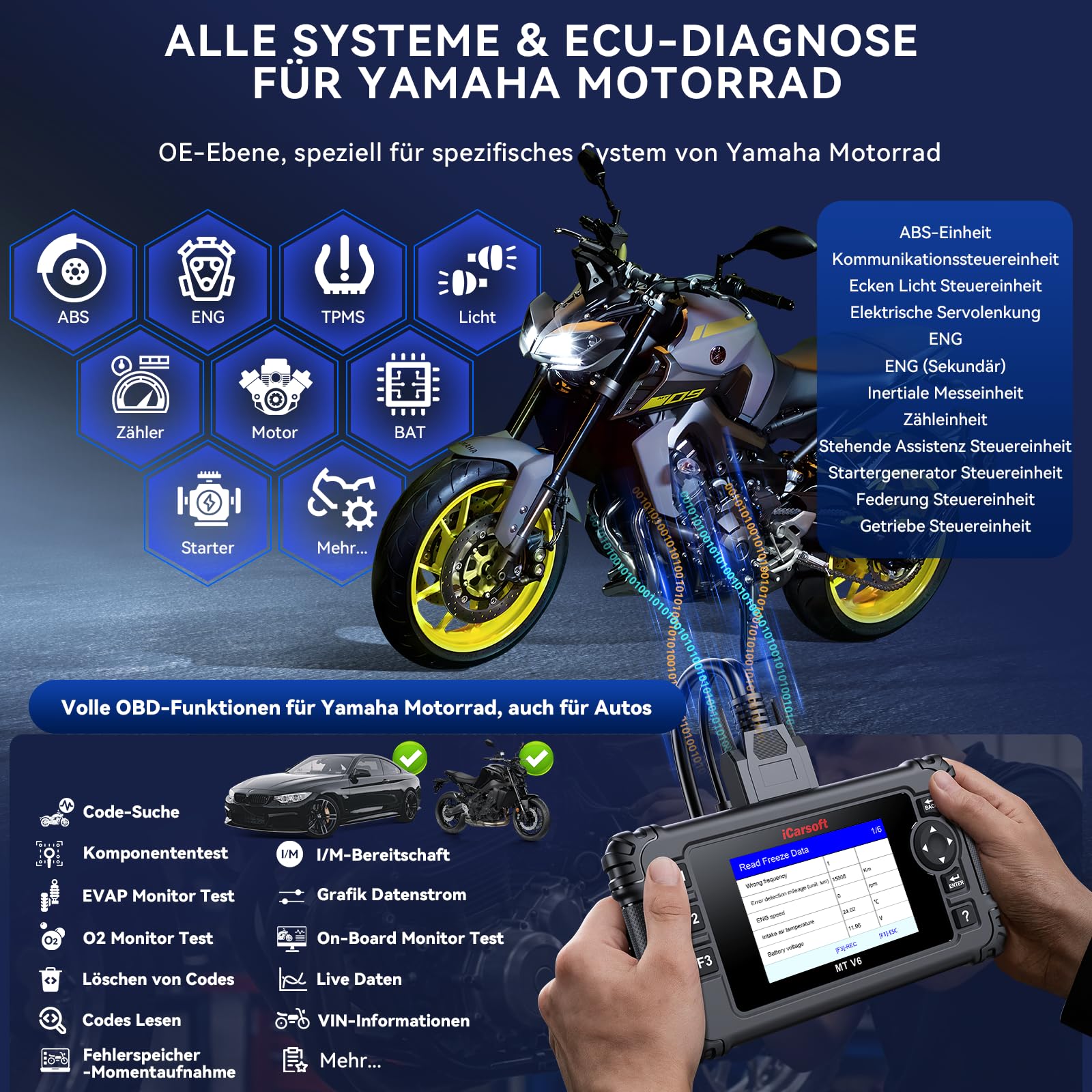iCarsoft MT V6 Motorrad Diagnosegerät für Yamaha, Alle Systeme Diagnosen, 9 Testprojekten+ Motorrad Wartungsservices, Motorrad OBD Codeleser, Lesen/Löschen von Fehlercodes,AutoFIN, Batterietest