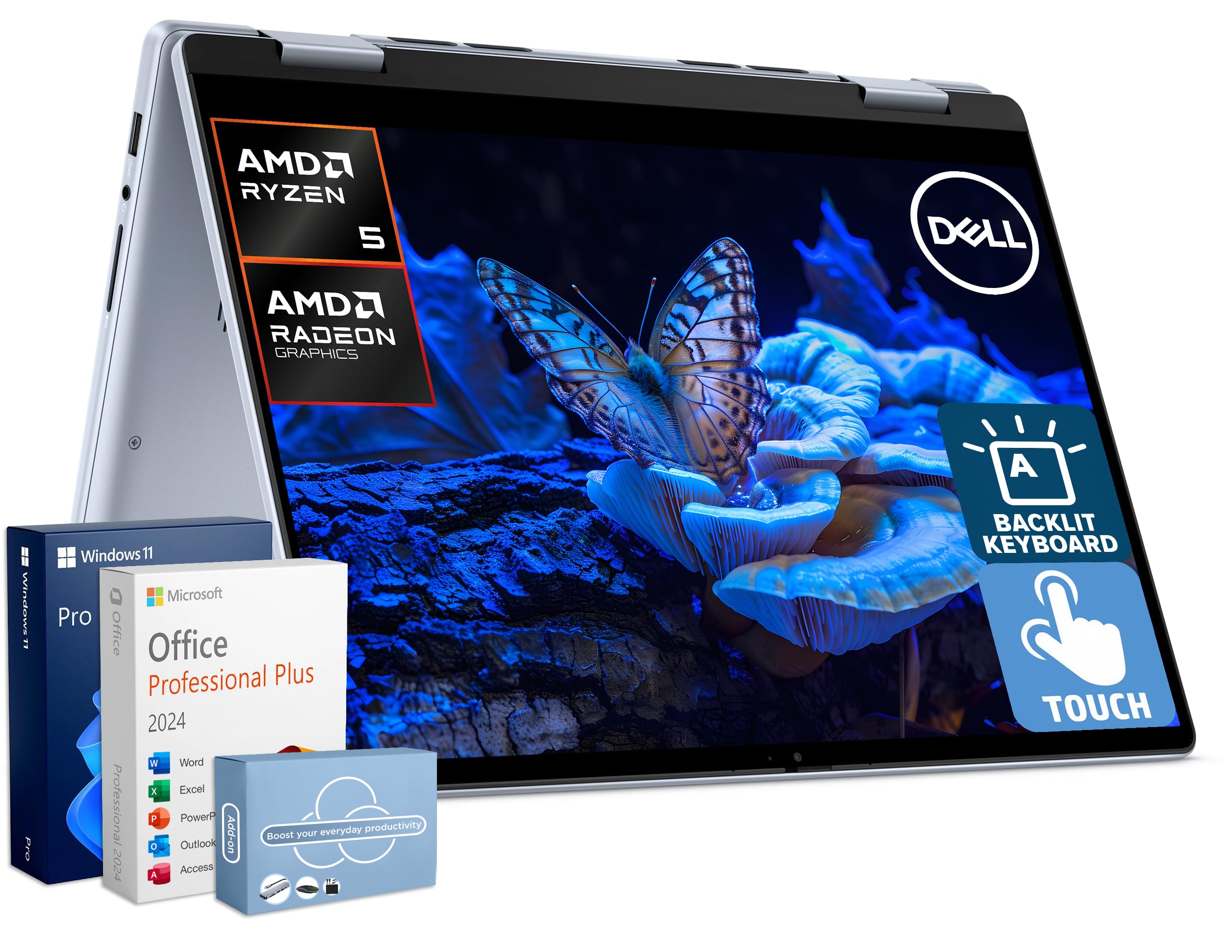 Dell Inspiron 2-in-1 Business Laptop with Lifetime MS Office, 14” FHD+ Touchscreen, AMD Ryzen 5, 32GB RAM, 1.5TB Storage (1TB SSD+500GB Ext), WiFi 6,