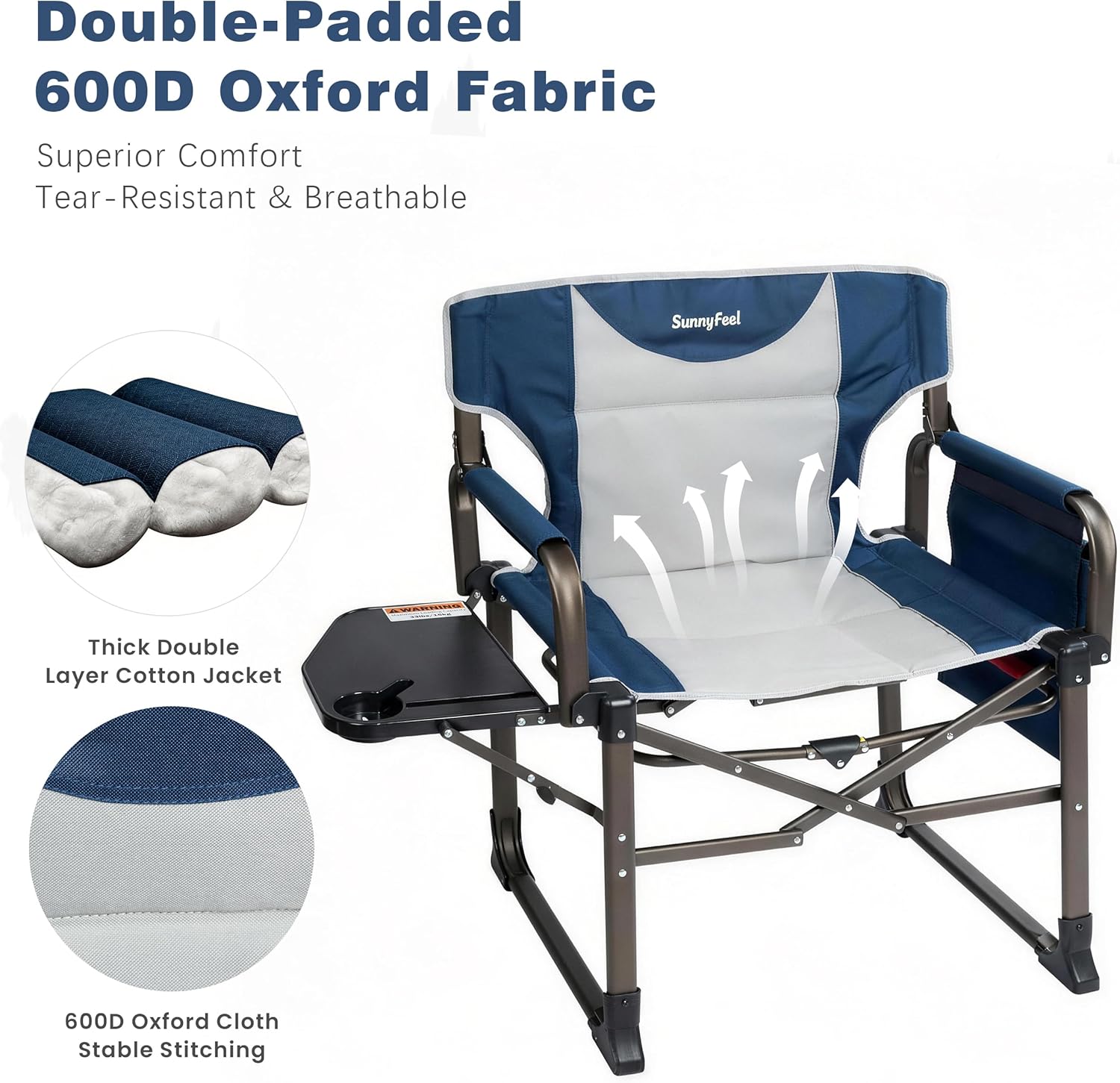 SUNNYFEEL Oversized Camping Directors Chair Blue Portable Folding Chair for Adults Support 600lbs with Side Pocket and Side Table for Beach, Fishing, Trip, Picnic, Lawn, Outdoor Foldable Camp Chairs
