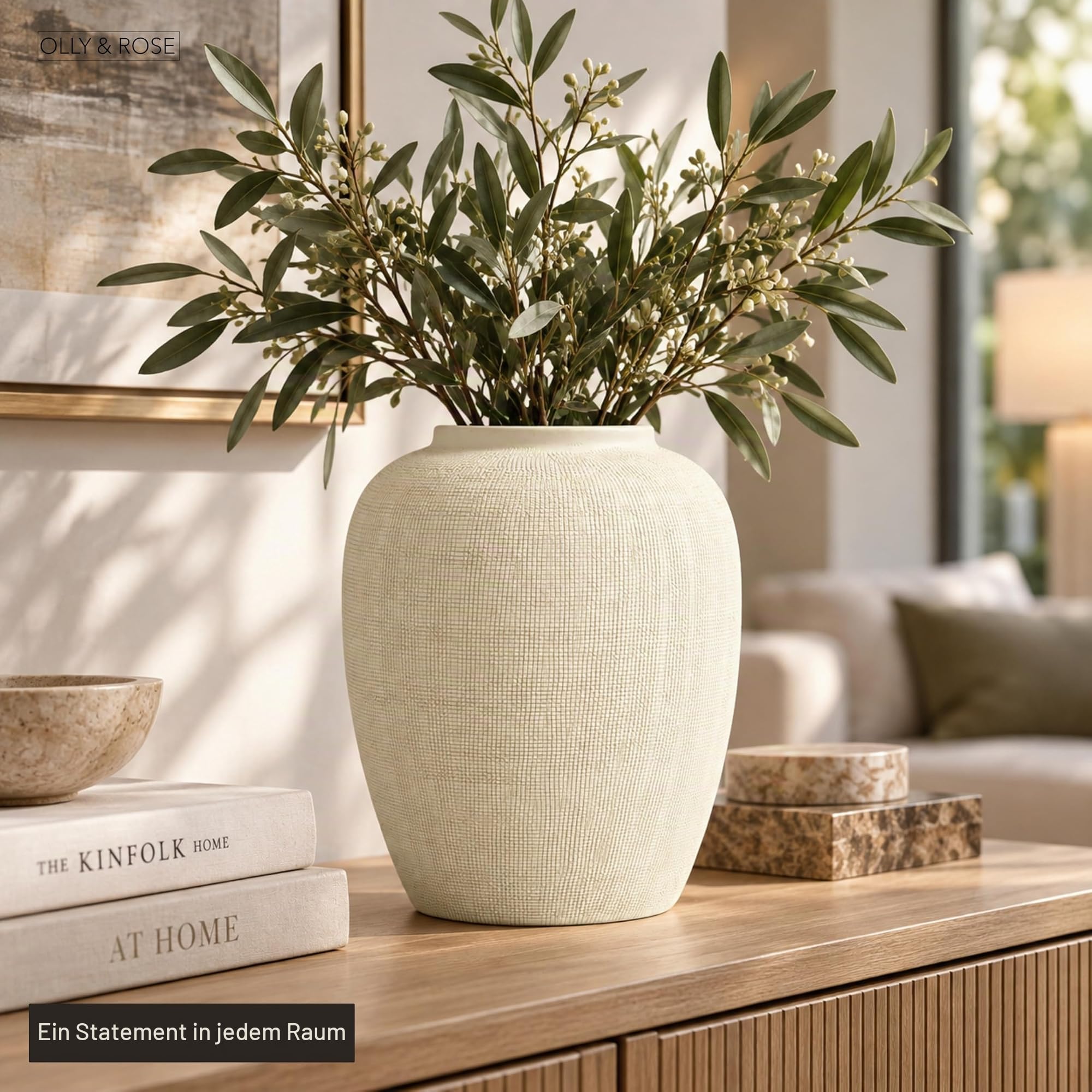 Rhodes Keramikvase, 25 cm, beige Blumenvase, große Premium-Heimdekoration