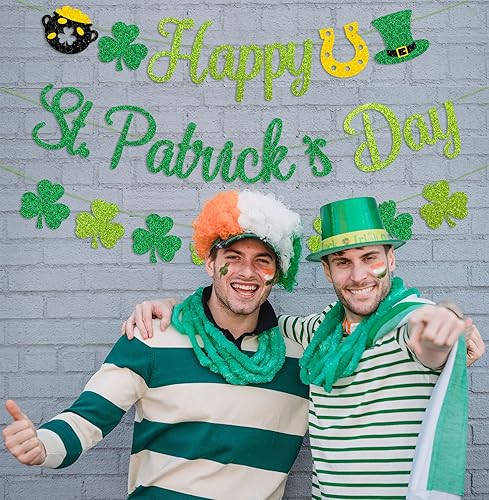 Miniatura 5 de PTFNY Cartel de trébol con purpurina para el día de San Patricio, pancarta del día de San Patricio, decoración de guirnalda de trébol para