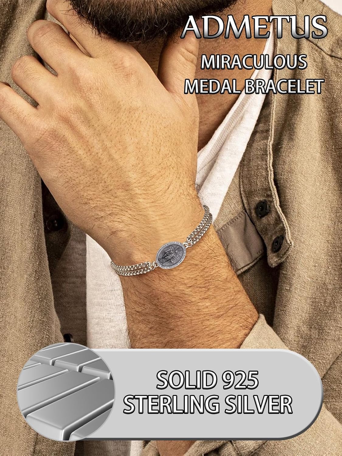 ADMETUS 925 Sterling Silver Patron Saint Bracelets | Amulet Protection Jewelry for Men with Double 7"+2" Rolo Chain - Image 4