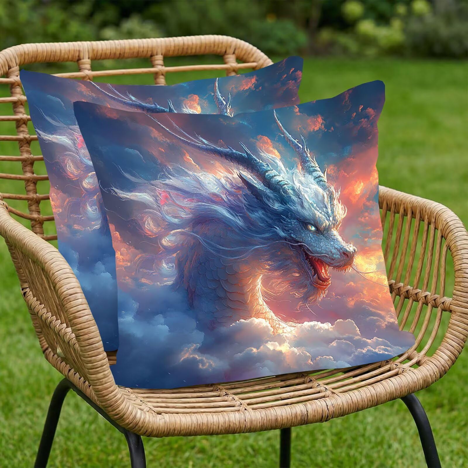 Drachen Aksamitna poszewka na poduszkę 60 x 60 cm, 2 sztuki w zestawie poszewka na poduszkę na sofę, dekoracyjne poduszki na kanapę, kwadratowa poszewka na poduszkę z ukrytym zamkiem błyskawicznym, do