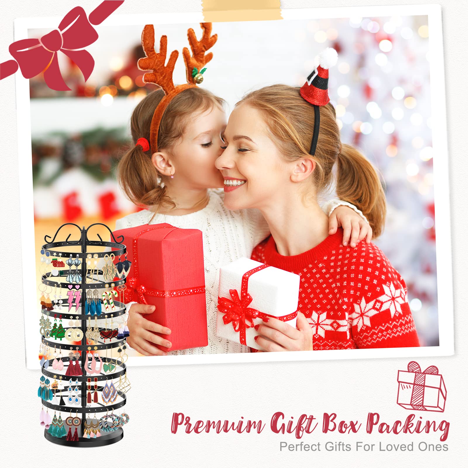 iDavosic.ly 6 Tier Metal Rotating Earring Holder Organizer, 264 Holes Earring Storage Display Tower Rack, Adjustable Earring Tree Organizer for Women Girl (Black)