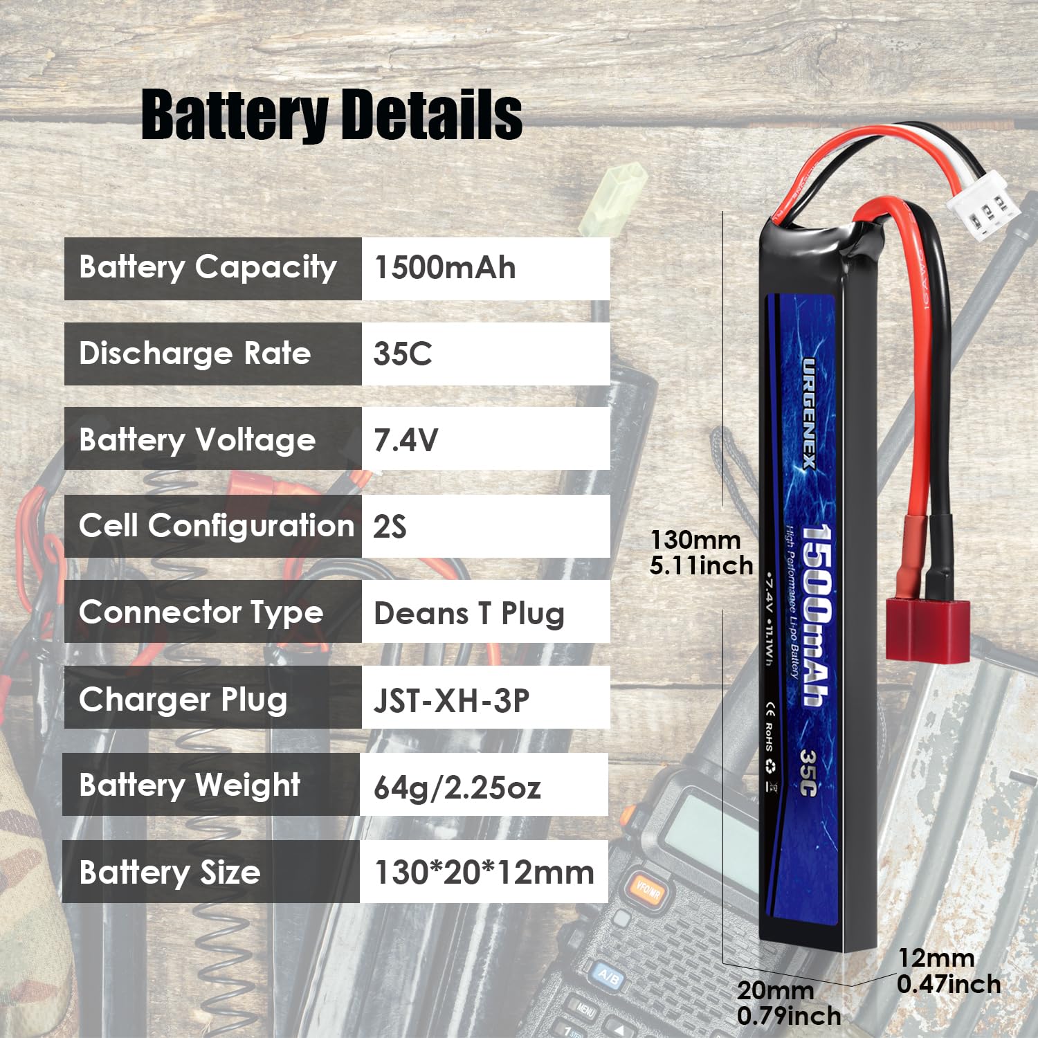 Airsoft - Batería de polímero de litio (7,4 V, 1500 mAh, 35 C, incluye tapón en T recargable 2S, batería de polímero de litio para pistolas de airsoft model)