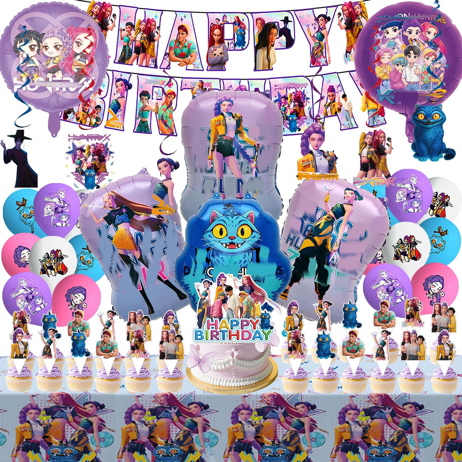 55 piezas Decoraciones de cumpleaños de dibujos animados y anime, pancarta, Adornos colgantes, Mantel, Globos de aluminio estilo anime geniales, globos de látex