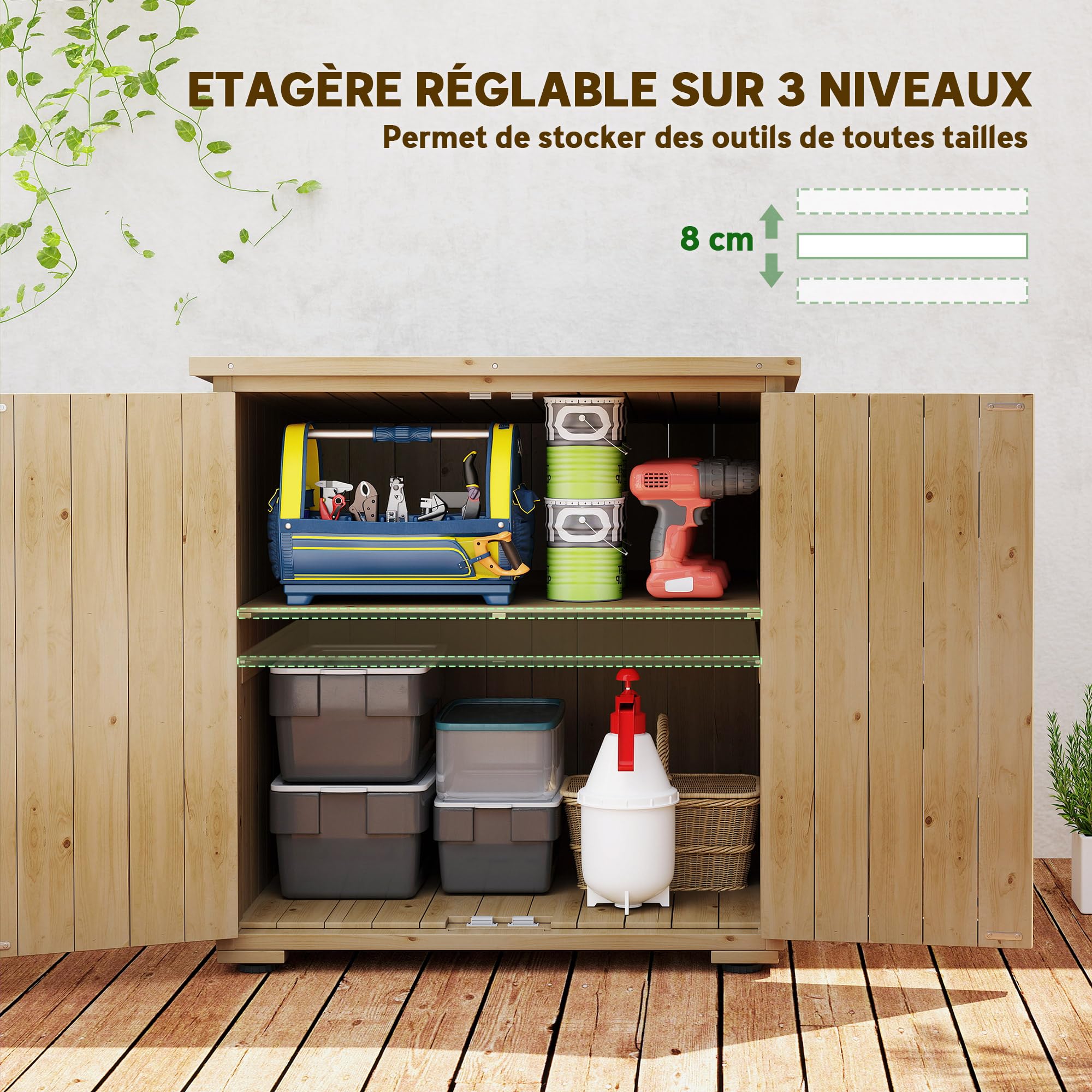 Outsunny Armoire de Rangement pour Le Jardin 77,5L x 88l x 83/90H cm | Bois Sapin, Double Porte, Étagère Réglable, Toit Bitumé Étanche