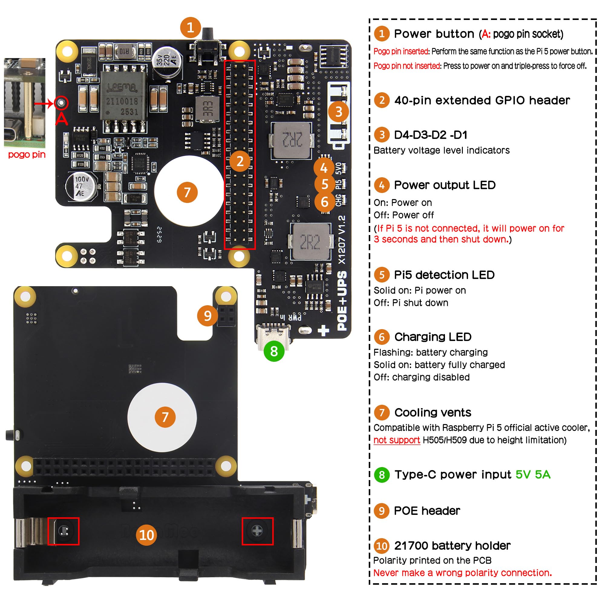 Geekworm X1207 2-in-1 PoE+ & UPS HAT for Raspberry Pi 5 (2/4/8/16GB), IEEE 802.3at 5V 5A Output, Supports Auto Power On, Safe Shutdown and Power Loss Detection