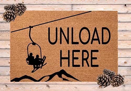 Unload Here - Tapete de bienvenida para pista de esquí, regalo para esquiador, interiorexterior, 18 x 30 pulgadas