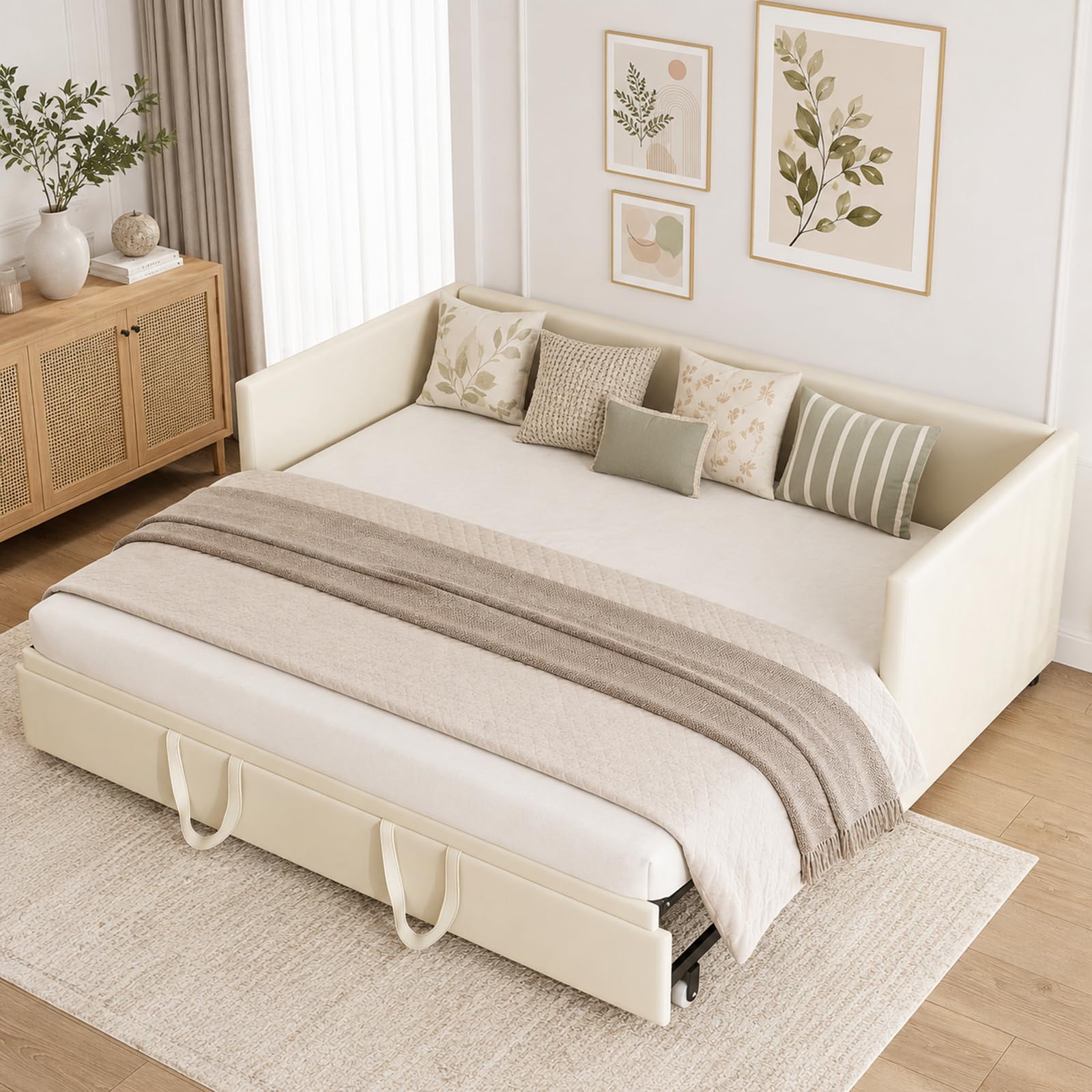 Sofá Cama Extensible 90/180 x 200 cm, sofá Cama de 2 plazas con función de Dormir y somier, Sofa Camas Nido, tapizado en Terciopelo, sin colchón (Beige)