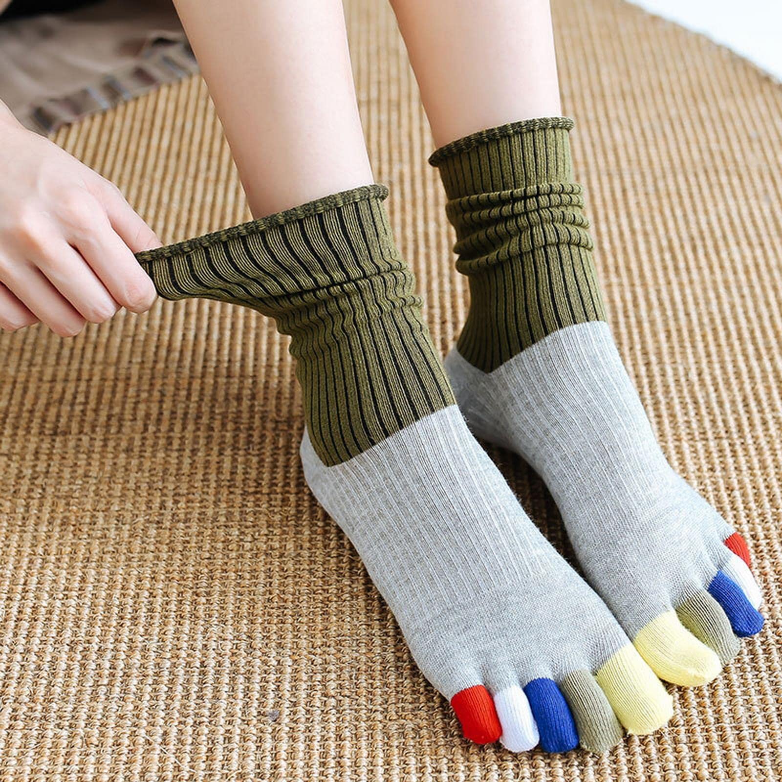 MOGSA Zehensocken 5 Paar Socken mit Zehen, Baumwoll-Stil, Anti-Atmungsaktiv, Fünf-Finger-Socken, 2Grün2Rot1Schwarz, Größe 36-40