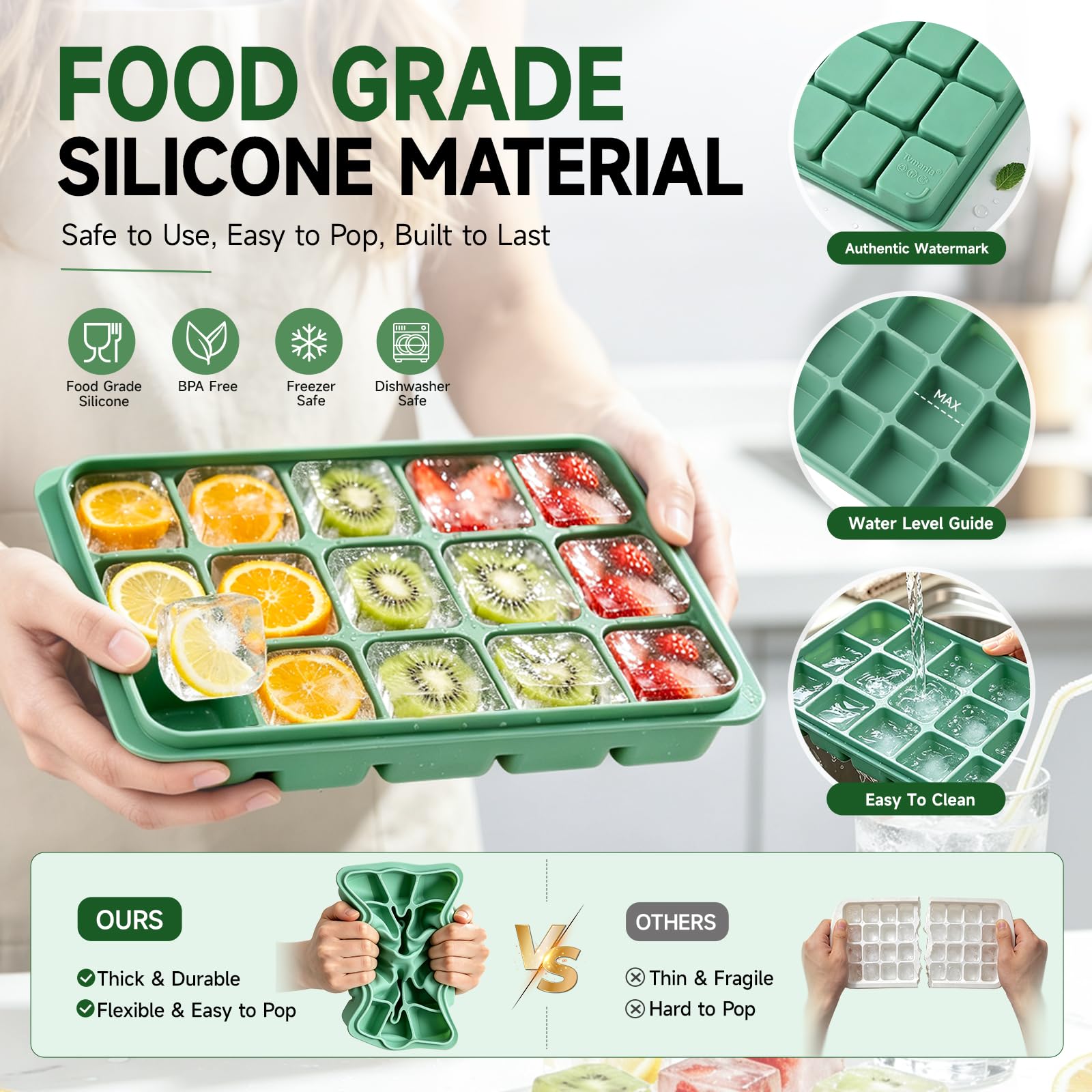 Tvmania Ice Cube Trays Set of 2, 15-Cube Silicone Molds with Removable Lids