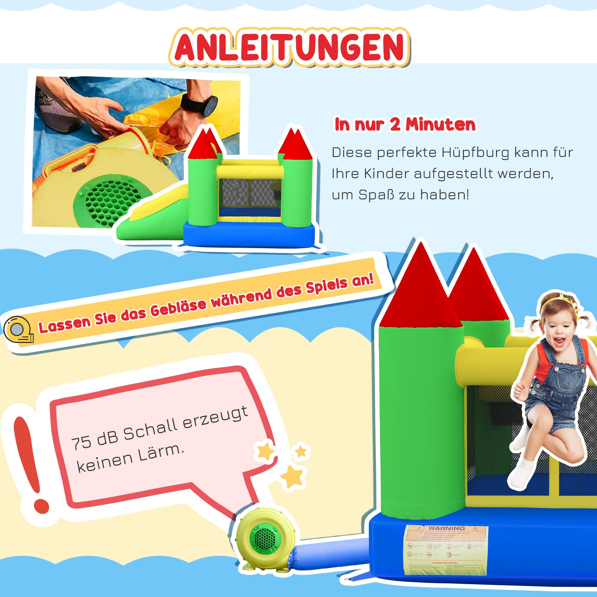 HOMCOM Hüpfburg mit Gebläse, Aufblasbare Kinderhüpfburg für Kinder 3-10 Jahre, Spielburg mit Rutsche, Trampolin, Sicherheitsnetz, Spielplatz für Indoor und Outdoor, 300 x 180 x 160 cm