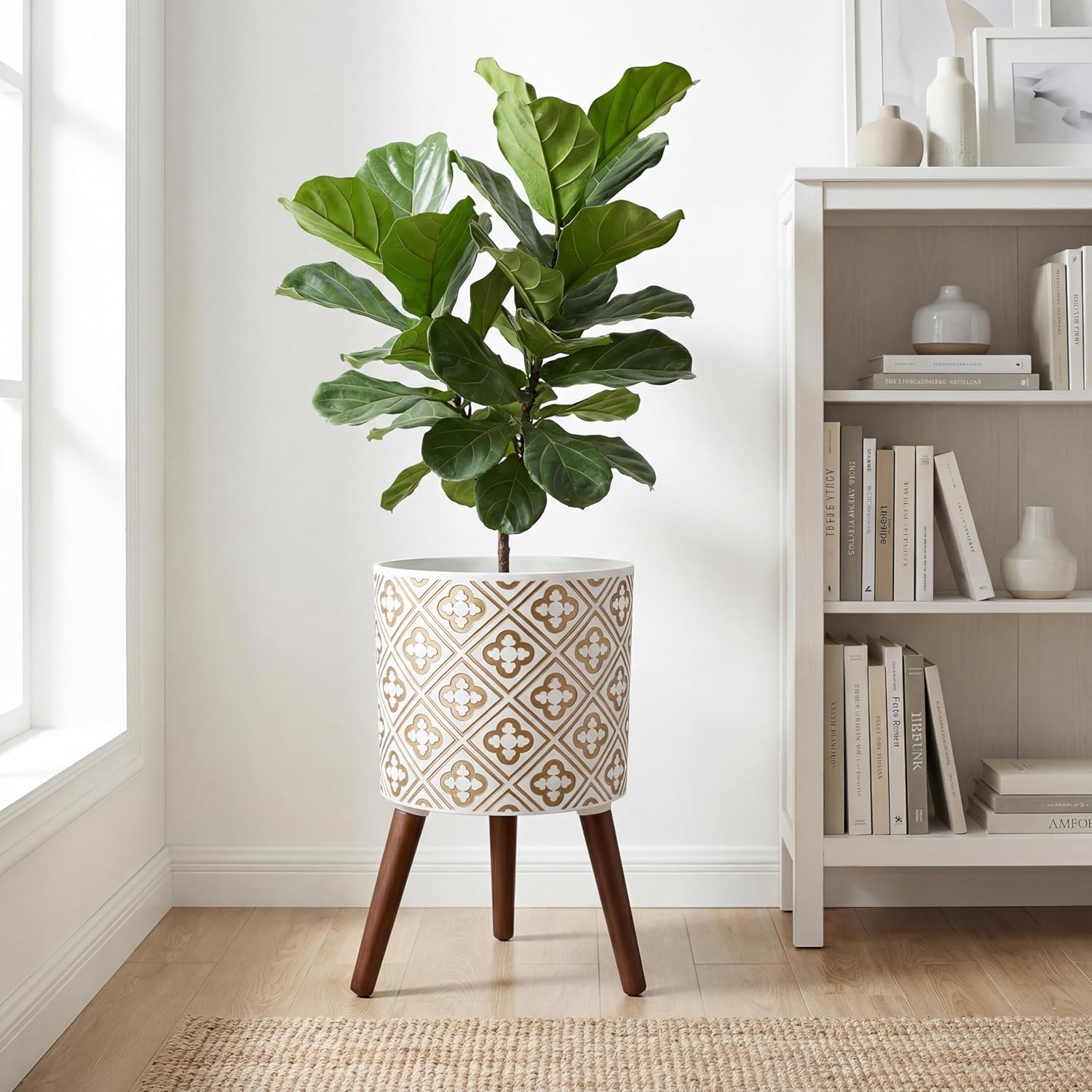naclto 12 Inch Planter Pot with Stand,Plant Stand Plant Pot for Indoor Plants,Large Modern Flower Pots Indoor Outdoor with Drainage for Home Garden Patio, White and Gold
