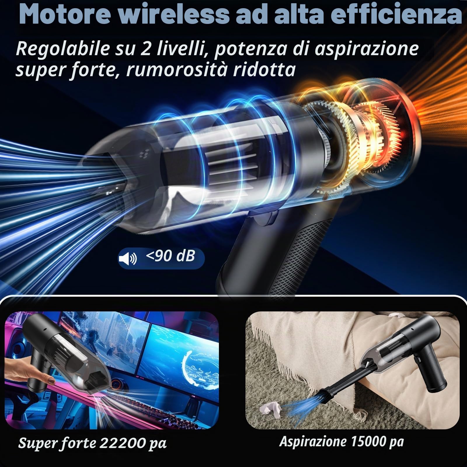 2025 Aspirabriciole Senza Fili, 22000 Pa Aspirapolvere Auto 4 in 1con Mini Aspirapolvere a 2 Marce con Motore Senza Spazzole/per Casa/Auto/Peli di Animali/Cucina/Nero