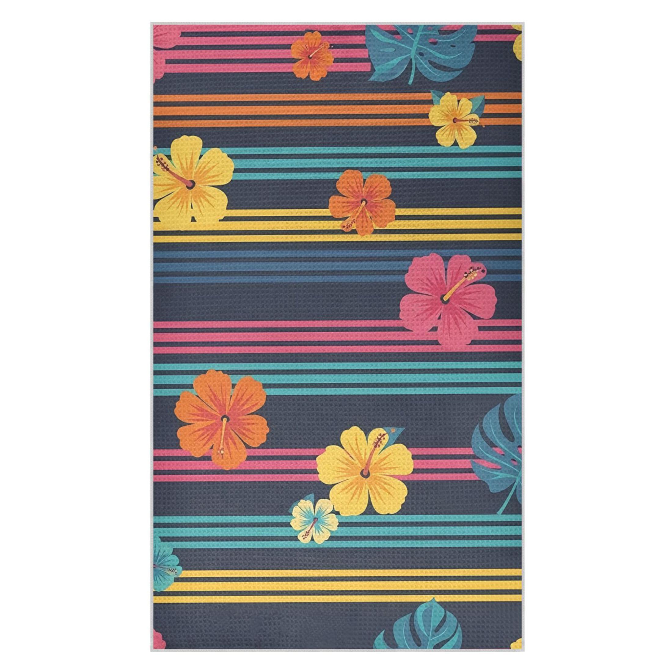 Fuauuyl Hibiscus Stripes Kitchen Towel Waffle Weave Dish Towels Soft Absorbent Hand Towel Microfiber Lint Free Dish Cloths for Kitchen, 18x30 in