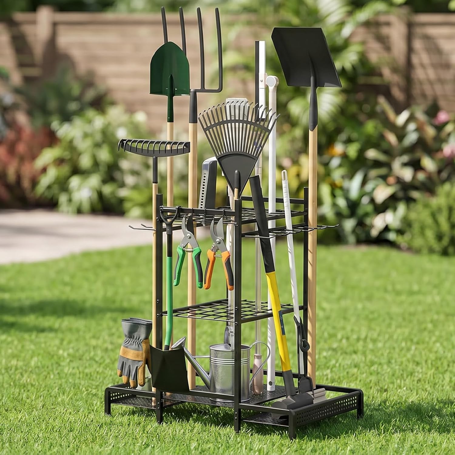 Organizer Yard Tool Storage Rack,Garden Organizer,Steel Yard Tool Racks To Store Long-Handled Tools,Tool Holder For Garden,Shed,Outdoor,Black
