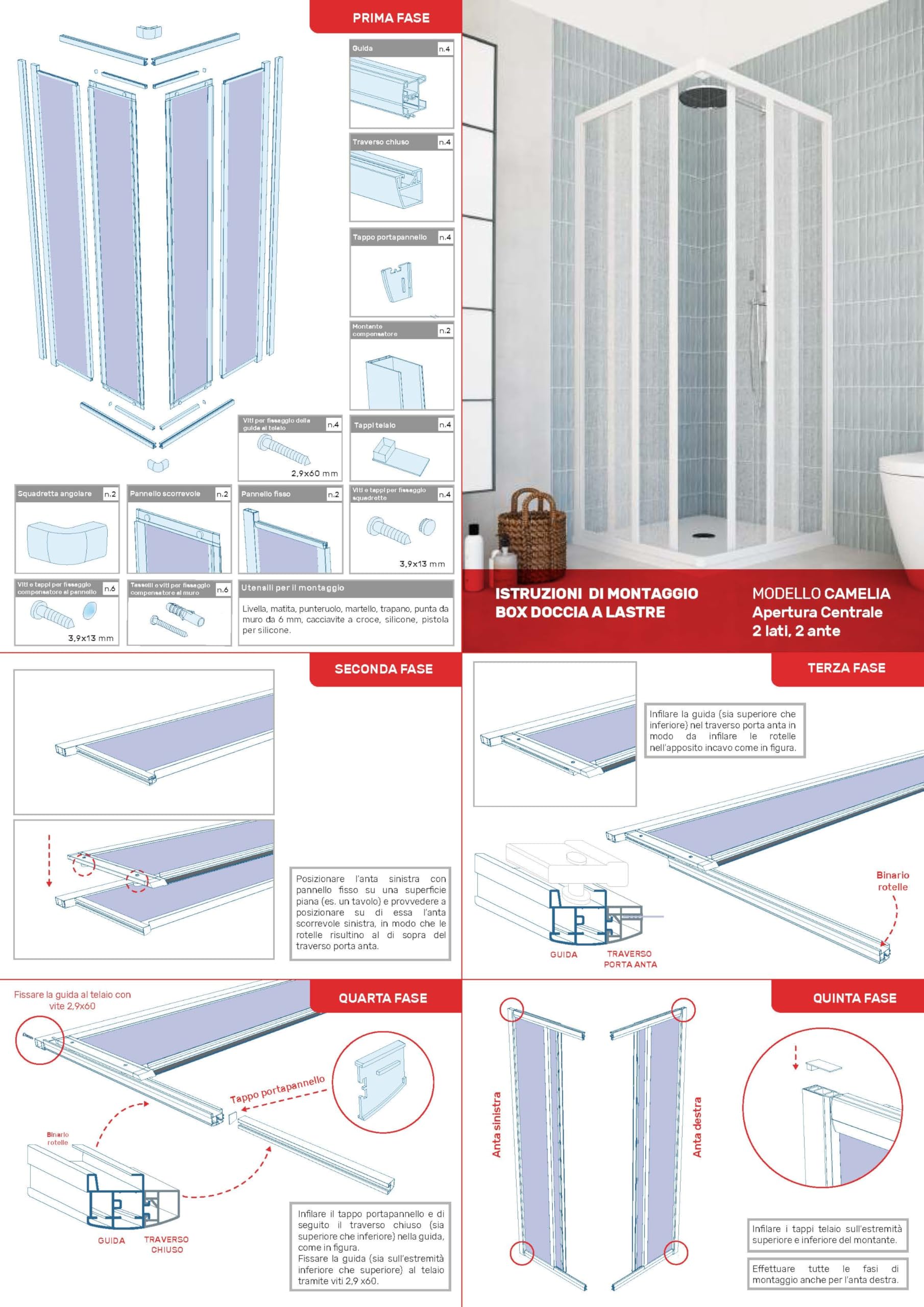 Box Doccia Camelia Telaio PVC Bianco, Pannelli Acrilico 1.5mm Effetto Goccia, Ante Scorrevoli, Apertura Angolare, Chiusura Magnetica, Regolabile, Installazione Facile, Reversibile (70x90 cm)