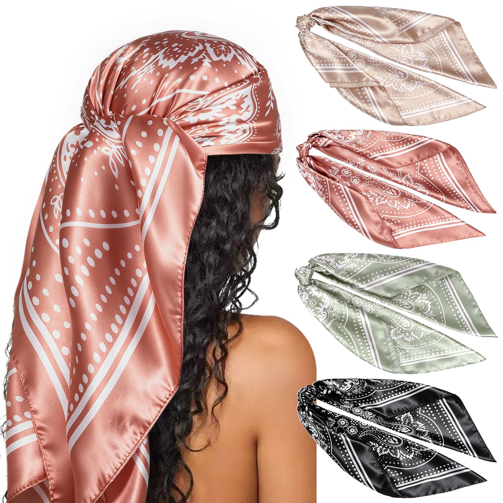 DRESHOW 35” Large Square Satin Head Scarf - 4Pcs Silk Accessories Classic Patterned Squares Beach Bandanas for Women