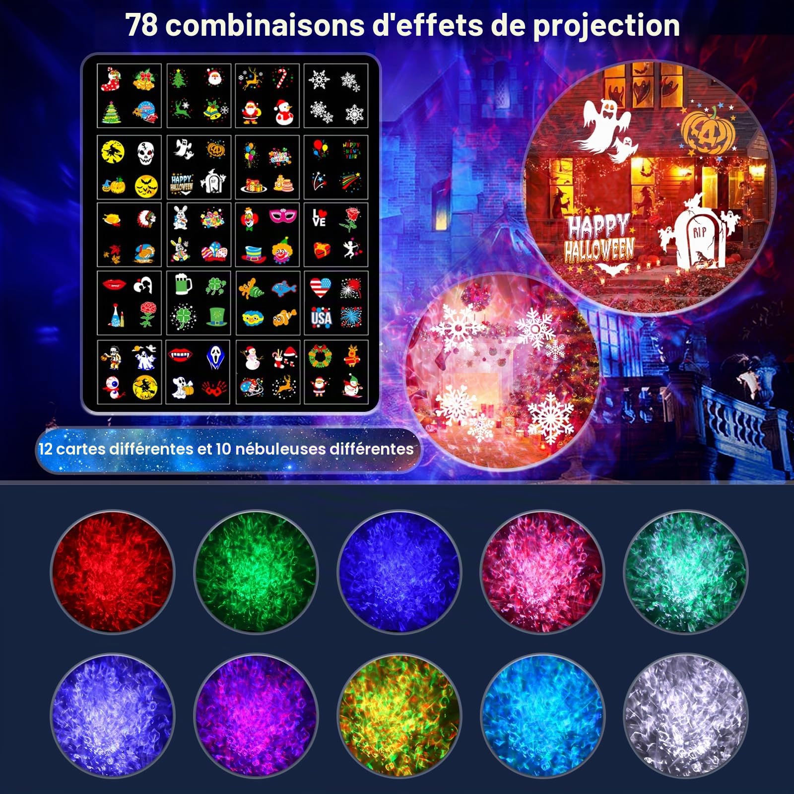 Projecteur Noel Exterieur Interieur, 2-in-1 10 Couleurs Effet 20 Diapositives Projecteur LED Noel Avec Télécommande et Fonction de Minuterie,Adapté pour Décoration de Noël, Pâques, Thanksgiving, Fête