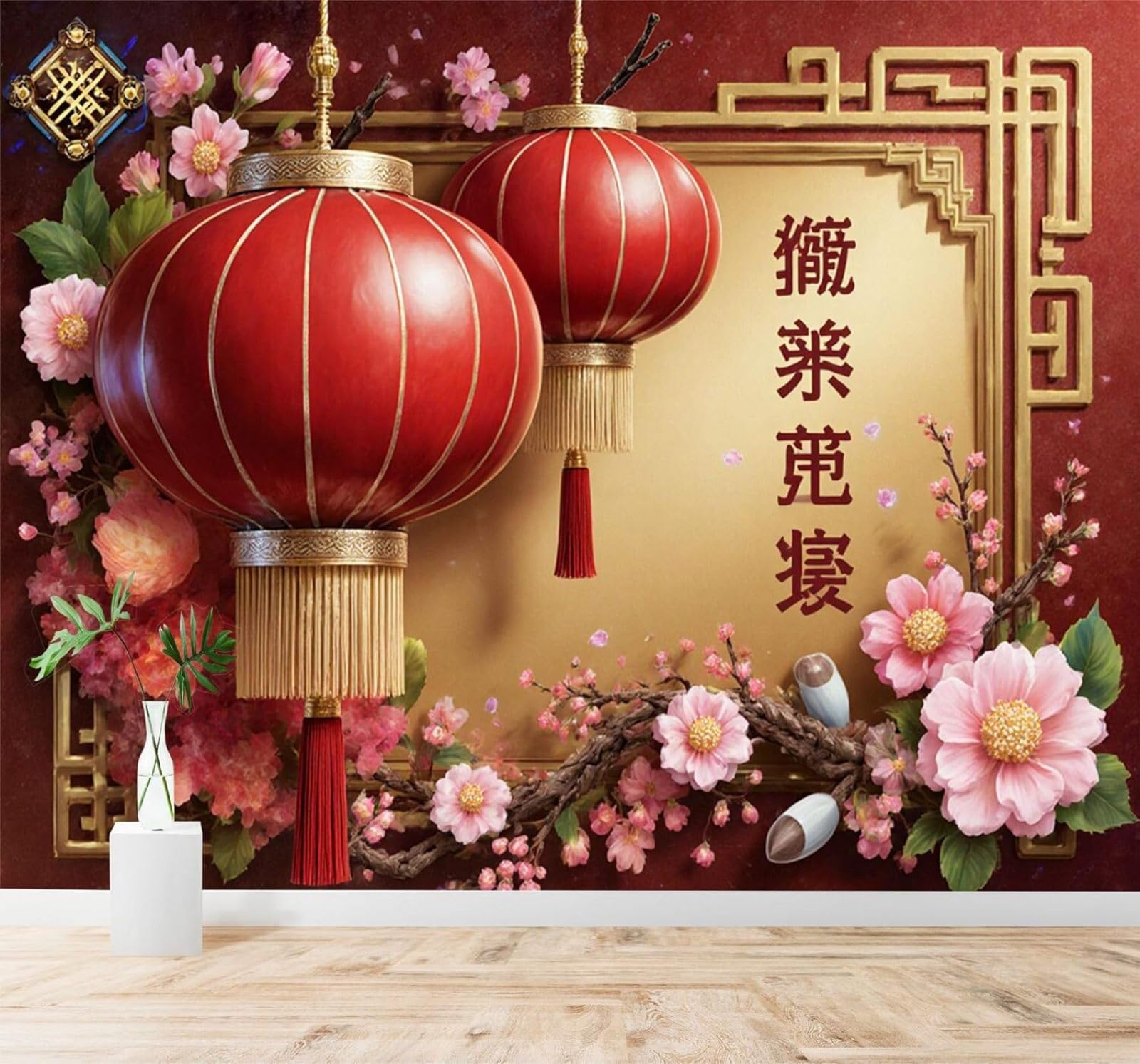 XLMING Beautiful Red Cherry Blossoms Red Lanterns Creative Gold Frame 3D Wallpaper Silky Texture Home Study Office Grey Dining Room Sofa Bedroom Living Room TV Backdrop-200cm×140cm