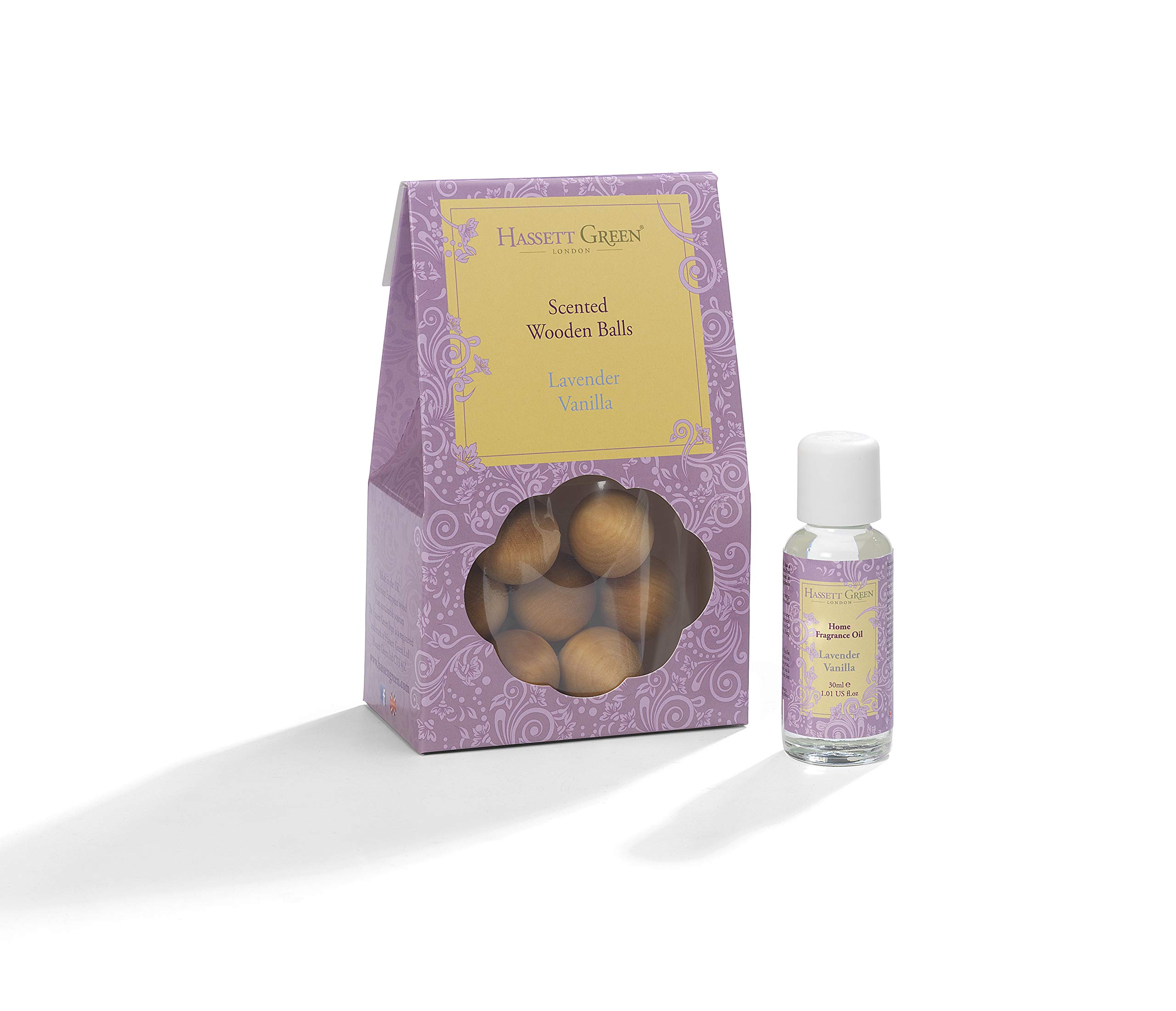 Hassett Green London - Lavender Vanilla - Scented Wooden Balls Pack of 12 plus 30ml Bottle of Home Fragrance Oil for Refreshing - Alternative to Pot Pourri, Diffusers, Sachets and Drawer Liners
