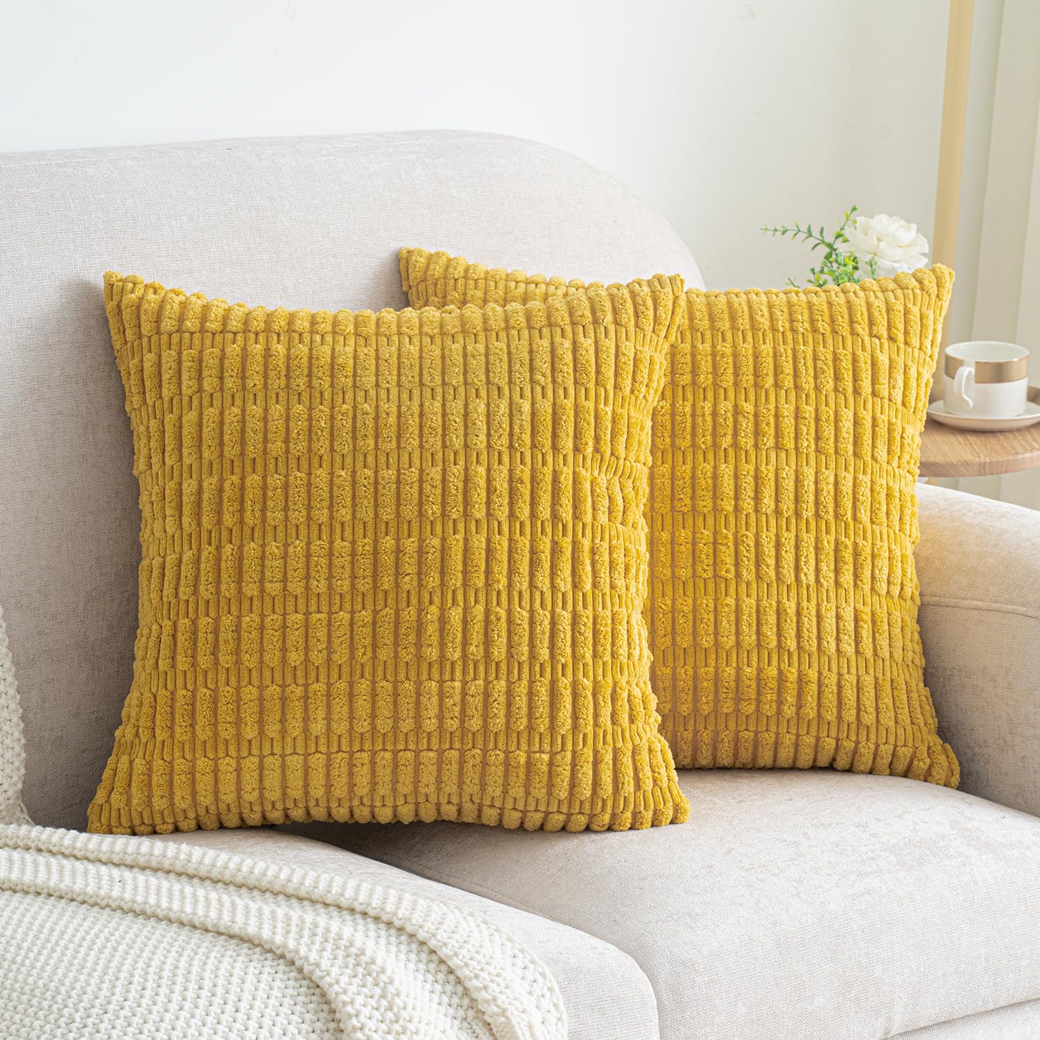 Smile of hope Mustard Yellow Corduroy Decorative Throw Pillow Covers 16x16 Inch Set of 2 Soft Striped Boho