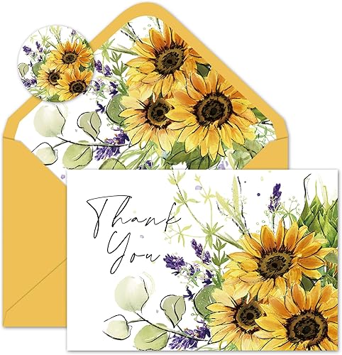 Whaline Paquete de 24 tarjetas de agradecimiento de girasol, tarjetas de felicitación florales de acuarela a granel con adhesivo sobre tarjetas