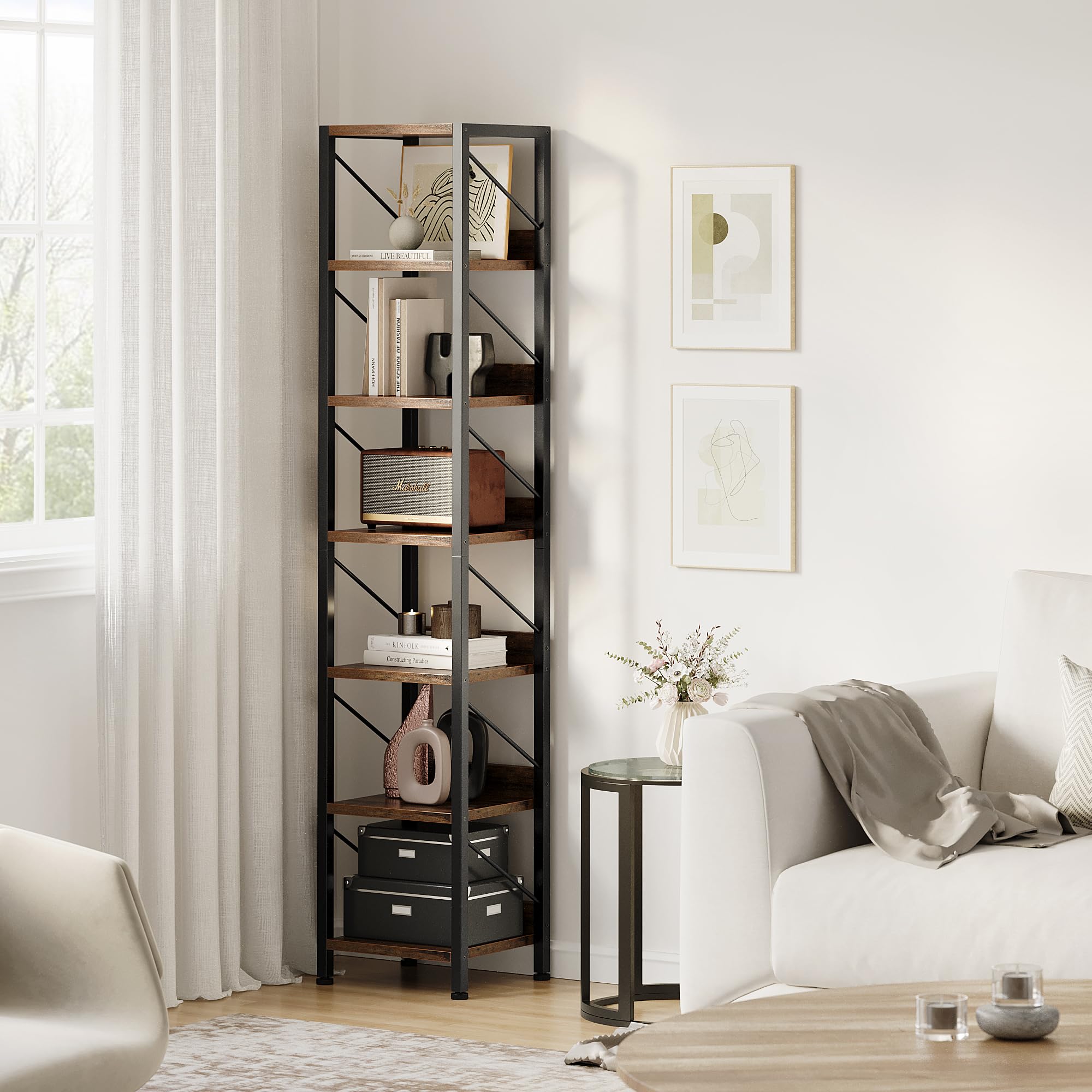 GarveeLife Estilo Industrial y Formato Delgado – Estantería Alta de 6 Niveles para Oficina – Marco metálico sólido – Kit antivuelco y pies Ajustables – Práctica para Libros y decoración – Color