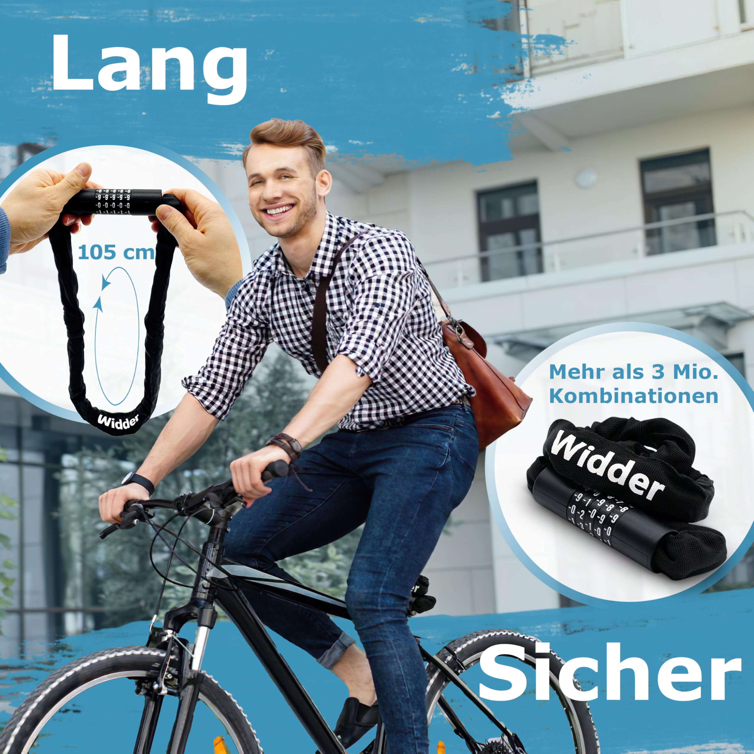 WIDDER Fahrradschloss Zahlencode - 850g Kettenschloss 105cm 5 Zahlenräder