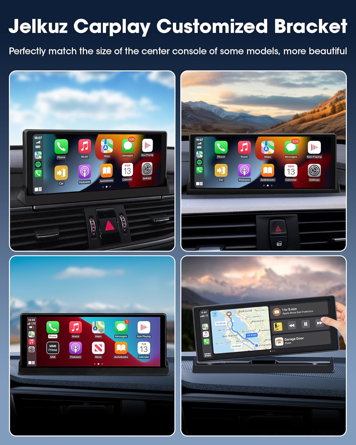 Examples of Jelkuz Carplay screen installed with customized bracket in various car interiors