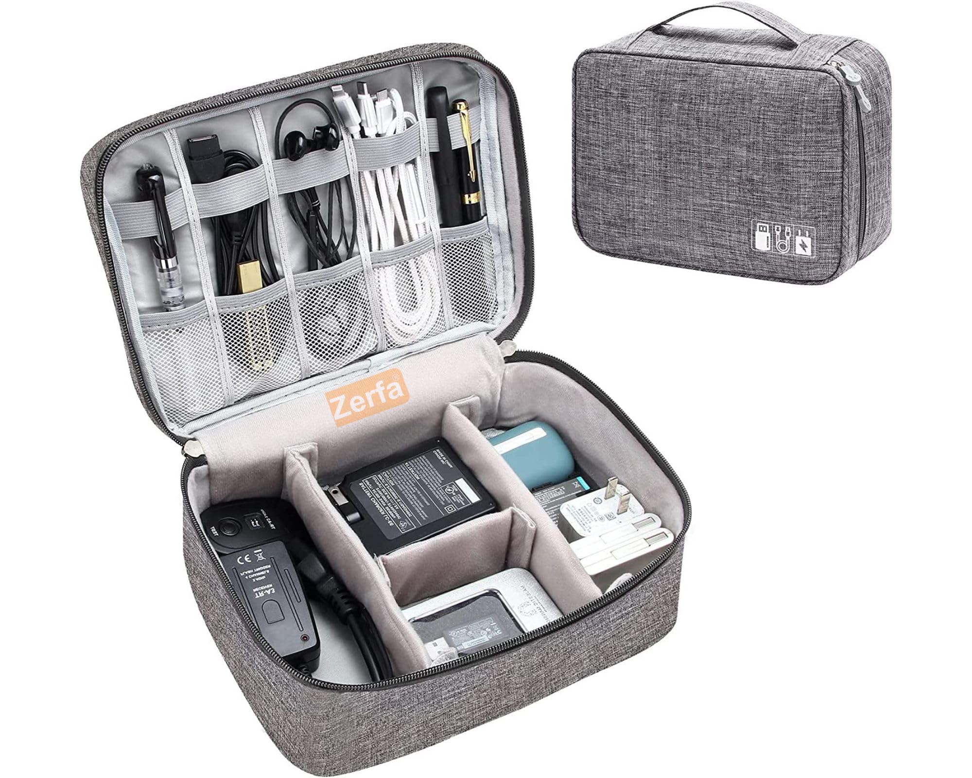 Zerfa Polyester Electronics Accessories Organizer Bag, Universal Travel Gadget Bag for Cables, Plugs, Chargers, and More, Ideal Size for Pad, Phone, and Hard Disk (24.5Cm X 10Cm X 18.5Cm) (Grey)