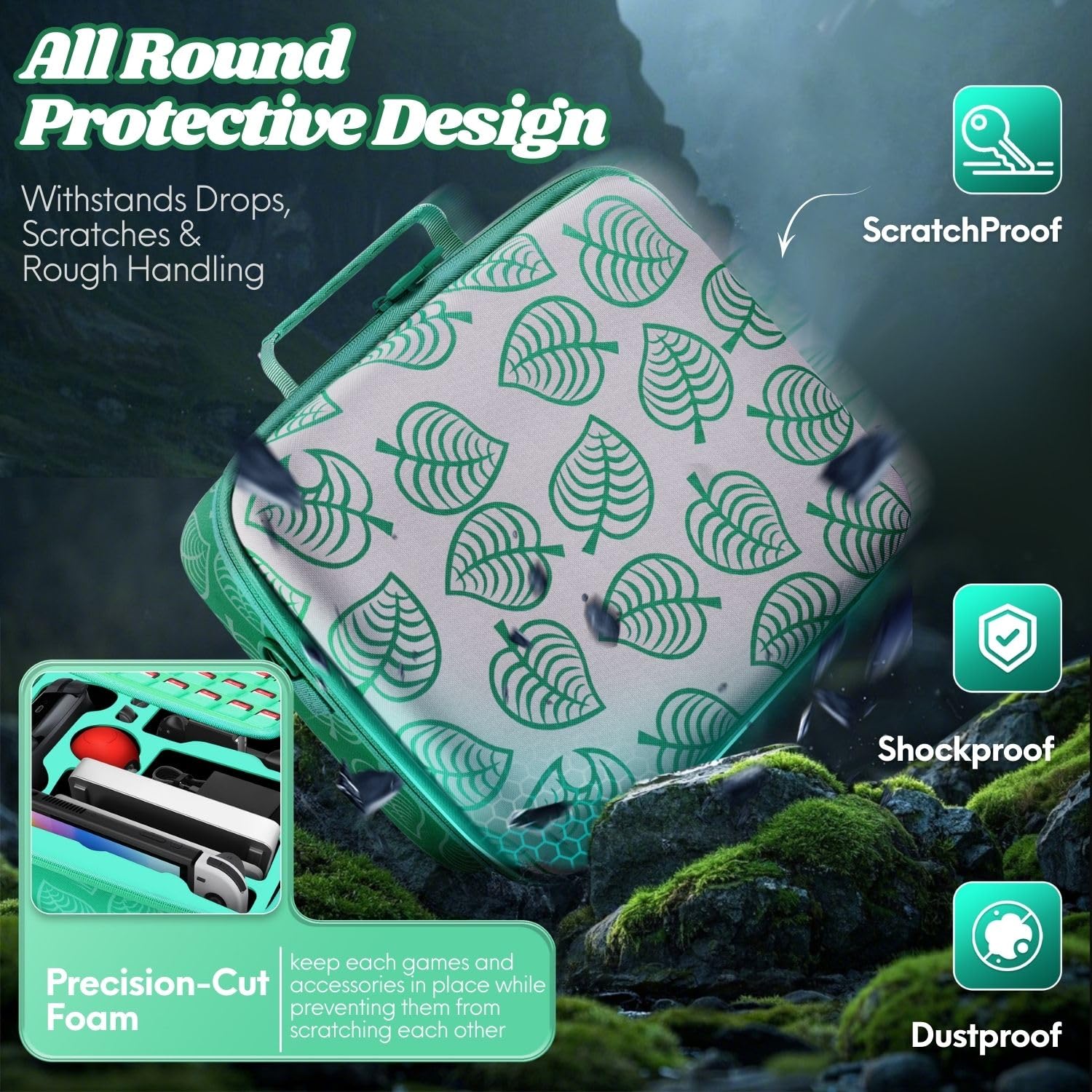 TNP - Custodia per trasporto portatile 2 in 1 per Switch New Horizon Animal Leaf Crossing, custodia rigida in materiale EVA per viaggiatori Deluxe, controller Joy-Con, titolari di carte da gioco