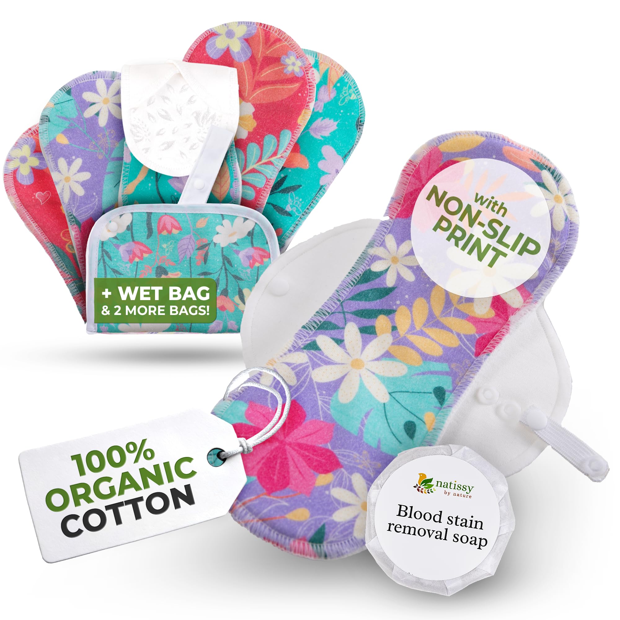 Natissy Compresas Reutilizables de Algodón Orgánico para Mujer y Adolescente, Lavables, Suaves, No Irritantes y Reutilizables - Pack 6 Tallas S+M - Made in EU