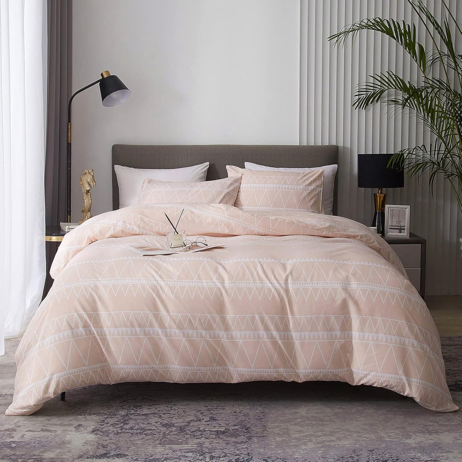 HYPREST Light Pink Duvet Covers Queen- 3 Pcs Aesthetic Soft Pink Comforter Cover Queen Size, Boho Bedding Set with Zipper Closure and Corner Ties - Oeko-TEX Certificated