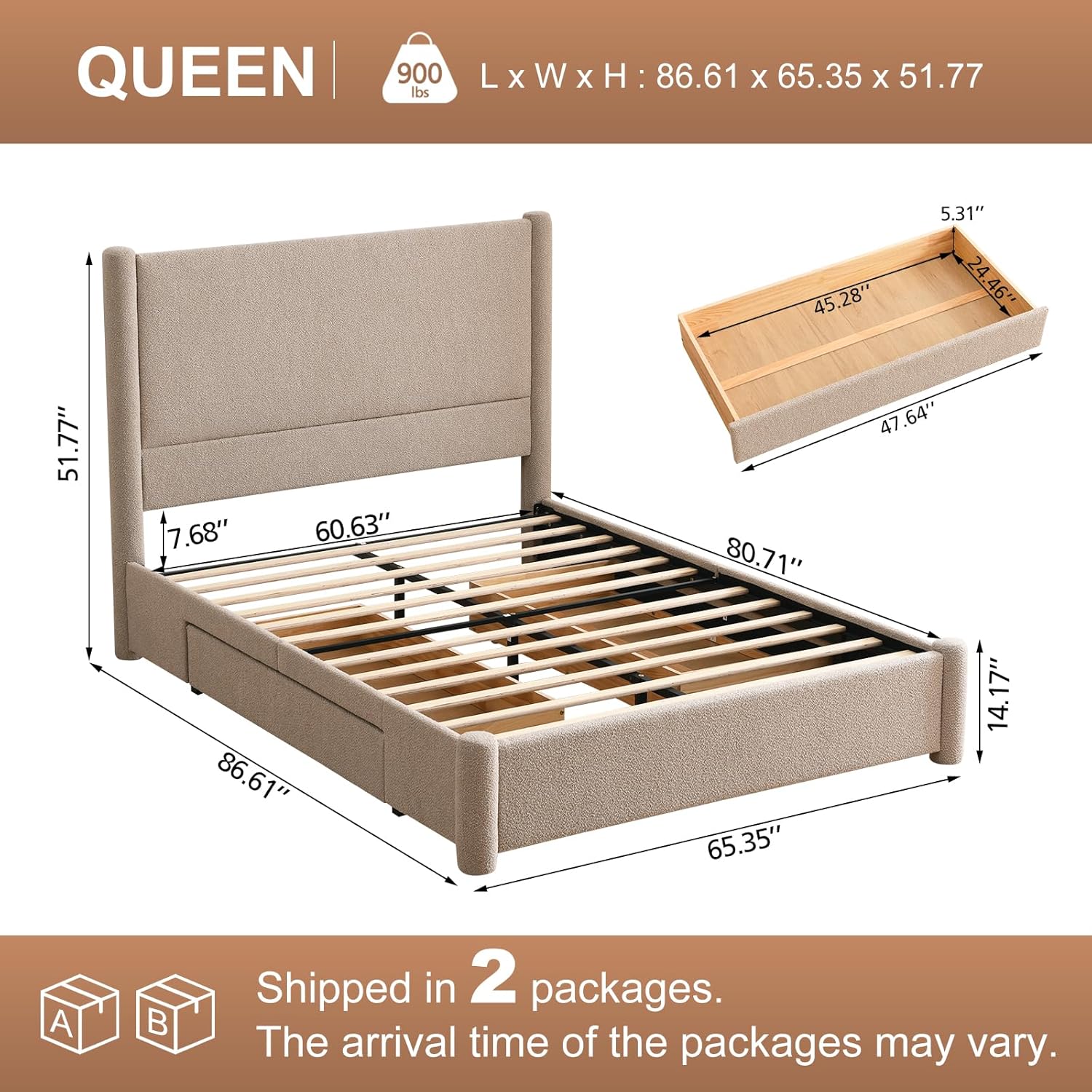 VELOCAVA Queen Size Upholstered Bed Frame with 51.77" Tall Headboard and Soft Rounded Corners, Side Storage Drawers, 12-Slat Support, No Box Spring Needed, Bouclé Texture, Beige