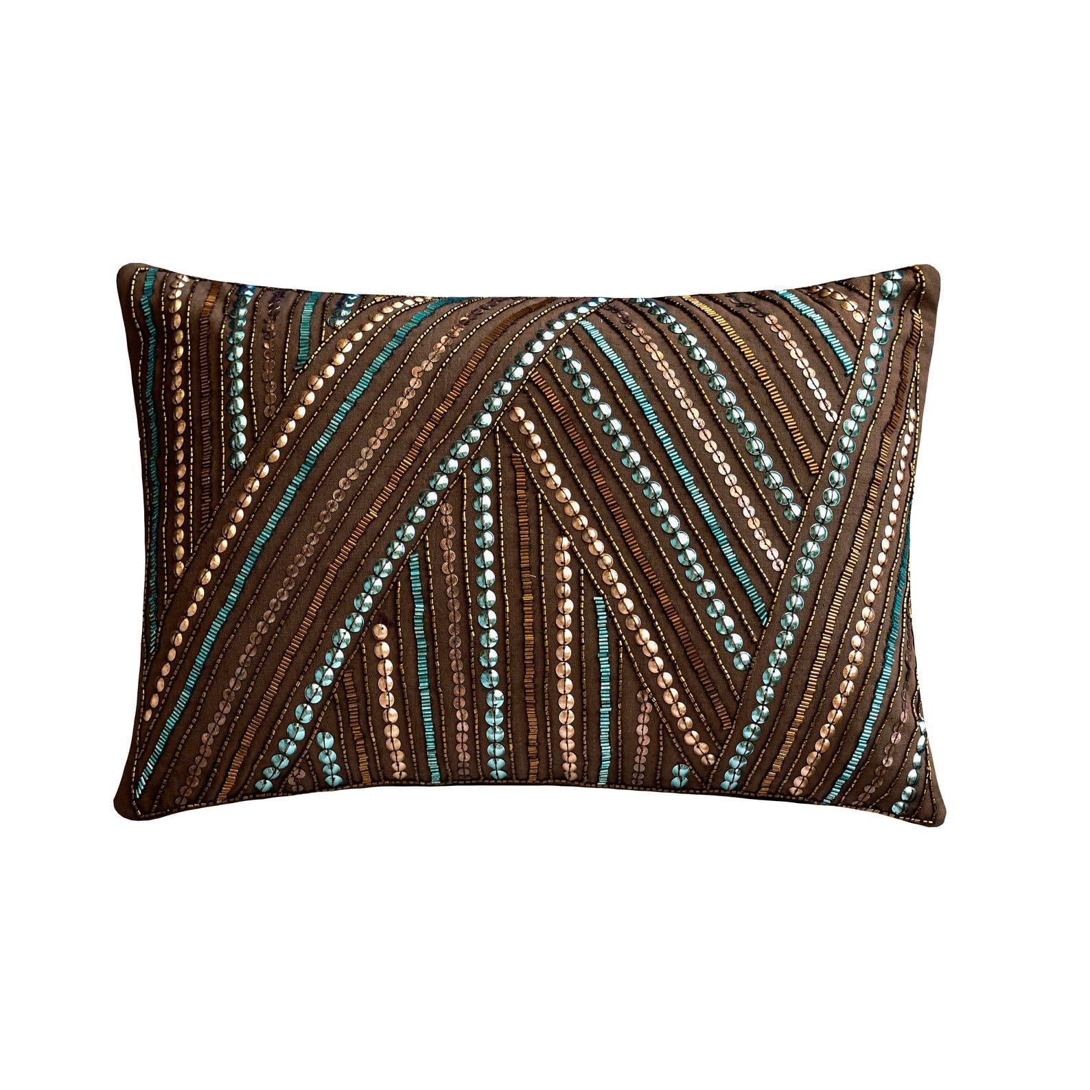 The HomeCentric Decorative Brown Pack of 2, 30x60 cm (12"x24") Lumbar Cushion Covers, Linen Beaded & Sequins Lumbar Cushion Covers, Geometric Pattern Modern Style - Marilee