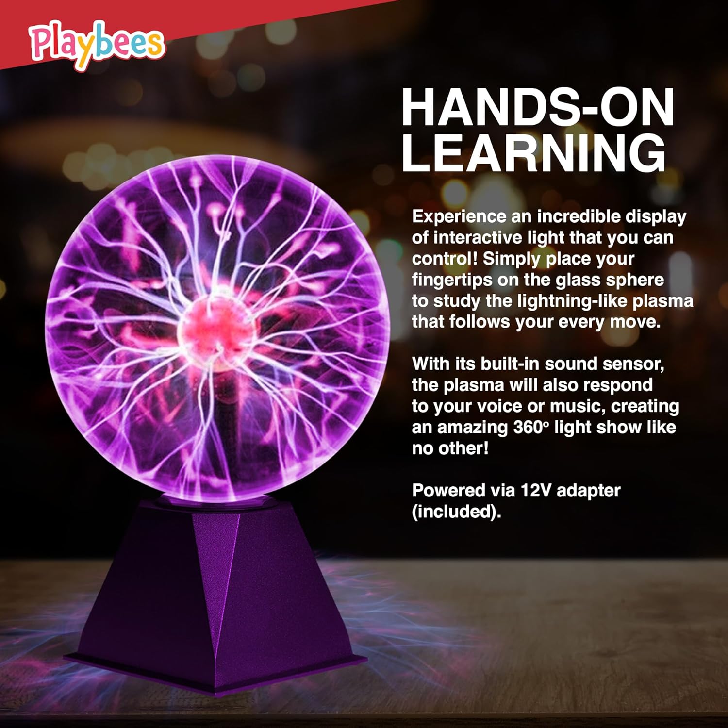 Playbees Purple Plasma Ball - 7 Inch - Tesla Coil Bulb Static Electricity in a Vacuum Pressurized Glass Globe, Nebula, Thunder Lightning, Plug-in - for Parties, Decorations, Prop, STEM