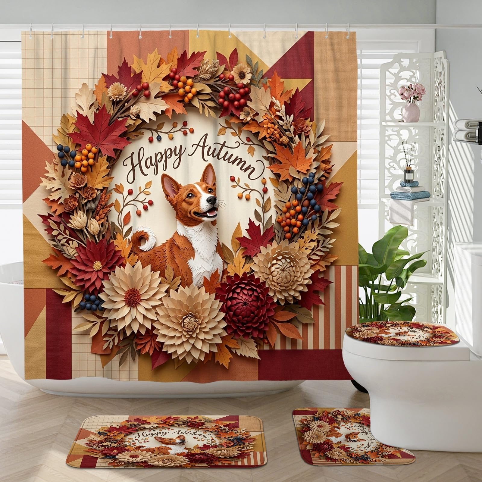 Tapis de bain Basenji d'automne pour une décoration de salle de bain cocooning