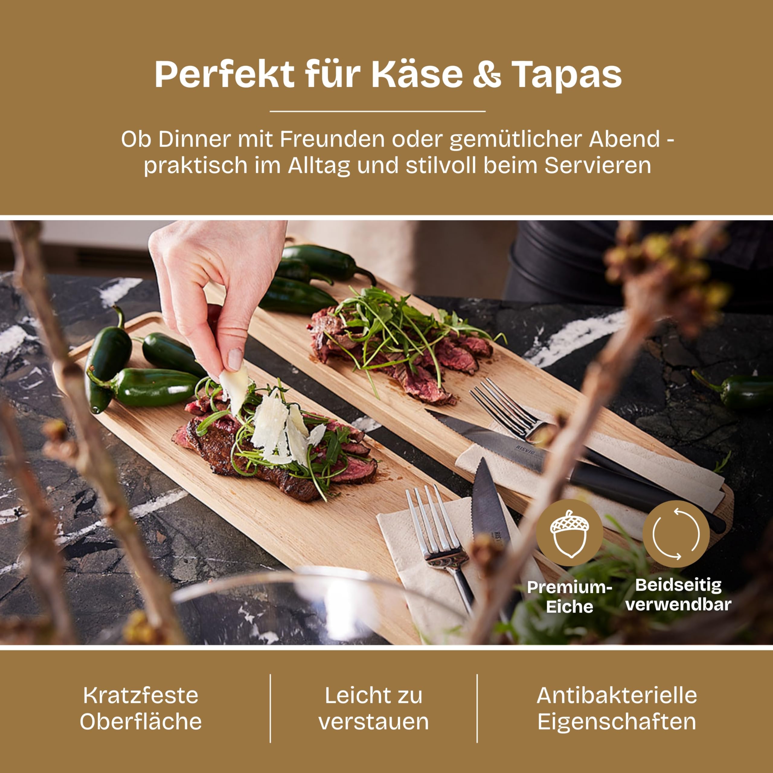 Quaarc Tapas Servierbrett (54x18 cm) – Premium Eiche Servierplatte für Antipasti, Käse & Snacks – Ergonomisches Design von Jacob LETH-Espensen – Langlebig & Antibakteriell
