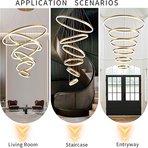 Miniatura 2 de Candelabro LED moderno dorado con control remoto, 6 anillos regulables LED para escaleras, techos altos, entrada, sala de estar