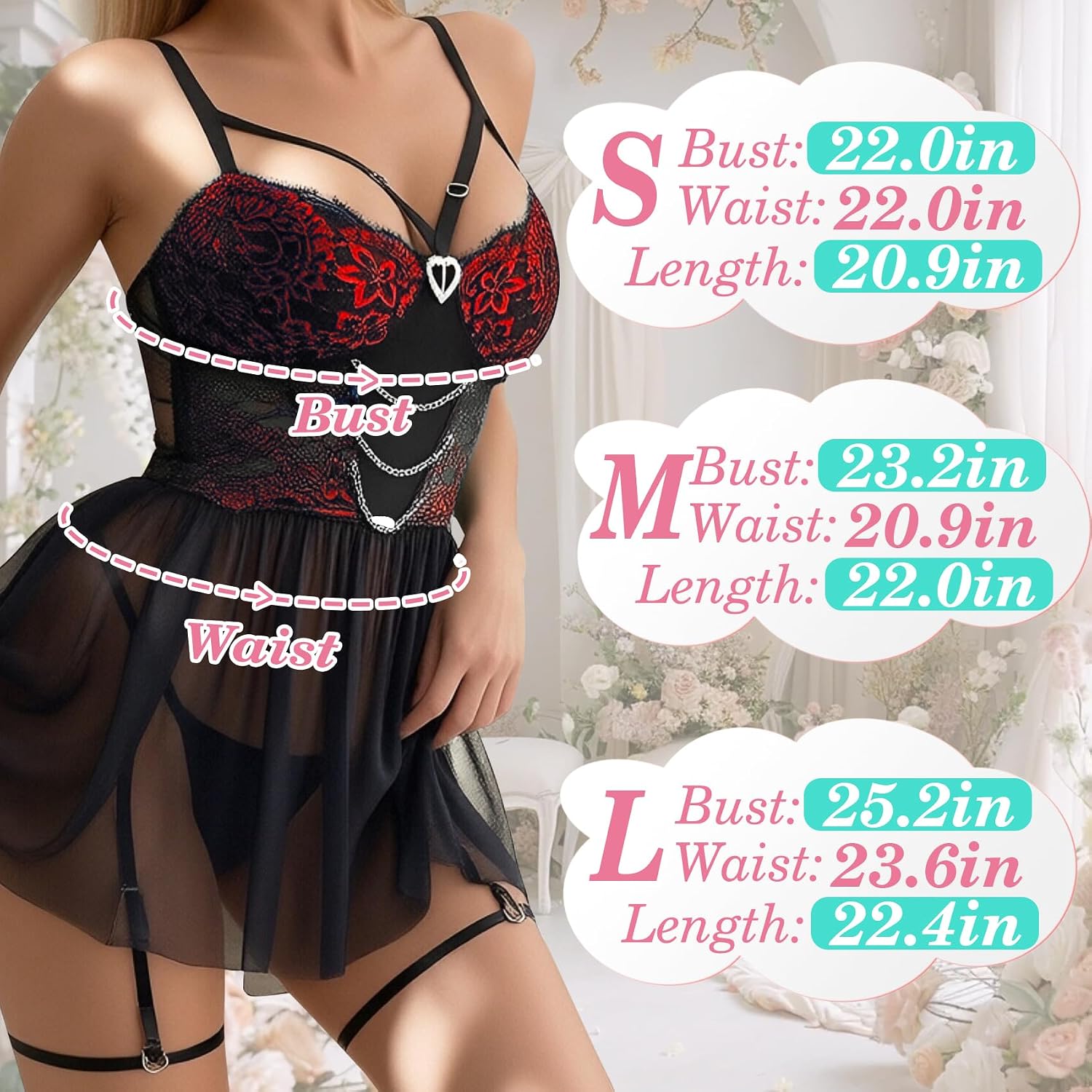 Famstar Sexy Lingerie for Women with Floral Deep V Neck Lace Nightwear Mesh Babydoll Dress