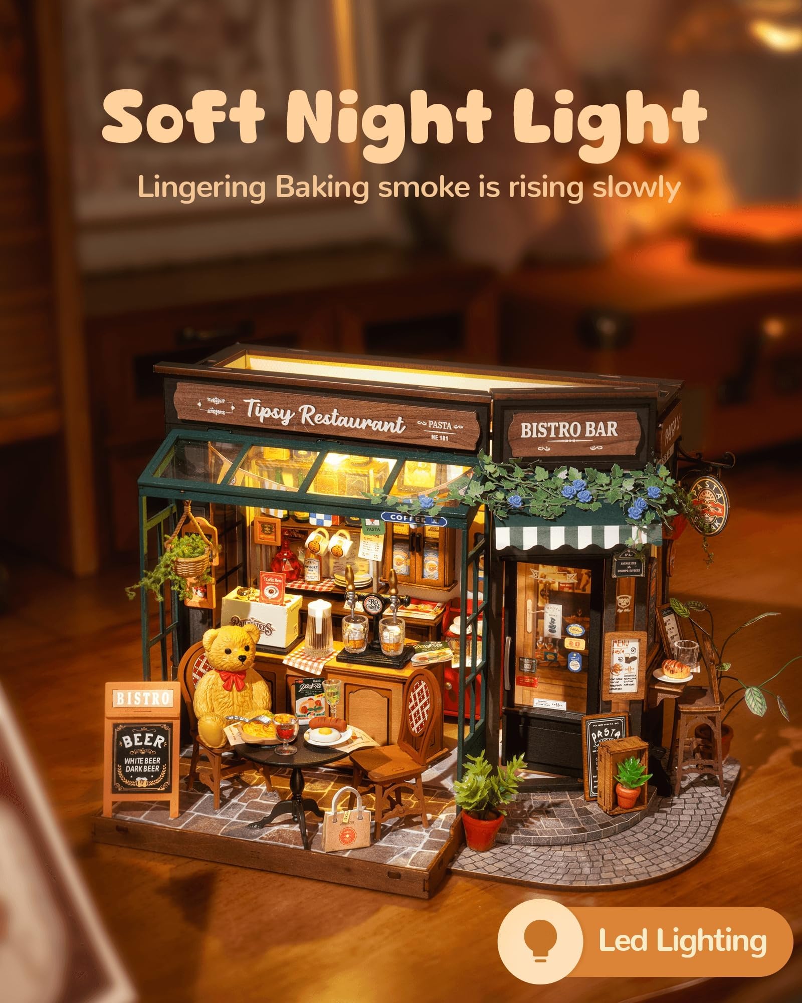 ROWOOD Zestaw domku dla lalek, Tipsy Restaurant, DIY miniaturowy dom rzemieślniczy pokój budowlany, drewniane zestawy modeli z akcesoriami dla dorosłych i nastolatków do budowania, wyjątkowy prezent