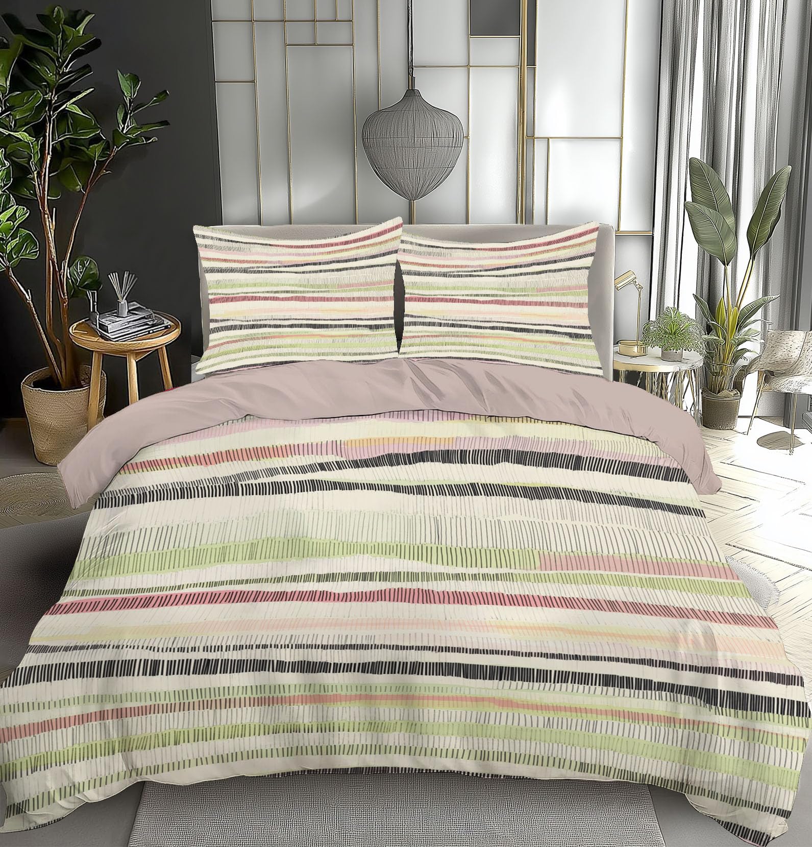 Housse de couette 240x260 rayé vert riz avec 2 taies d'oreiller 65x65 en microfibres
