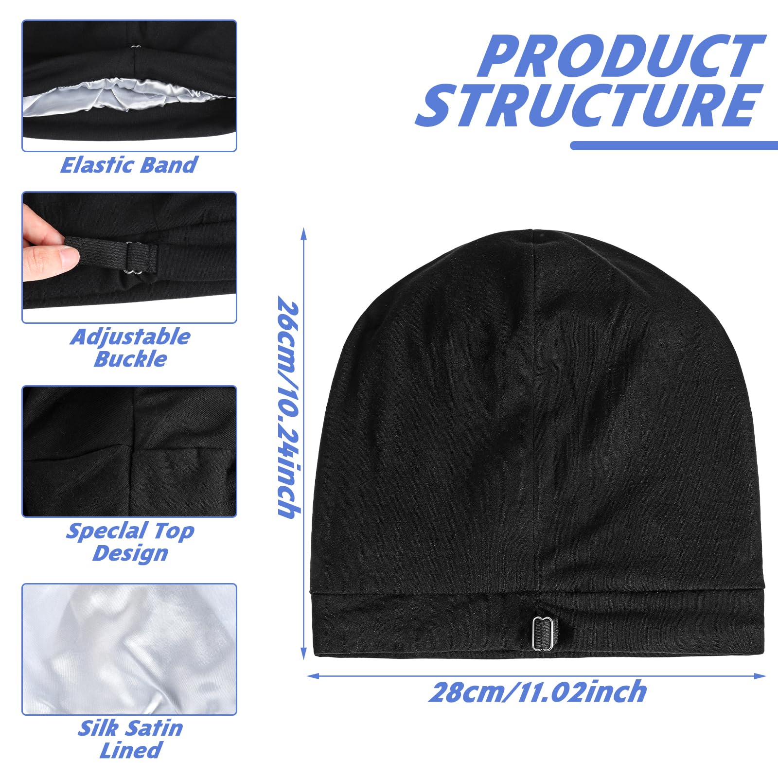 Nogeqi Adjustable Hair Bonnet for Men Anti Frizz Mens Bonnet for Sleeping Satin Hair Protector for Curly Stay on All Night(Black) - Image 3
