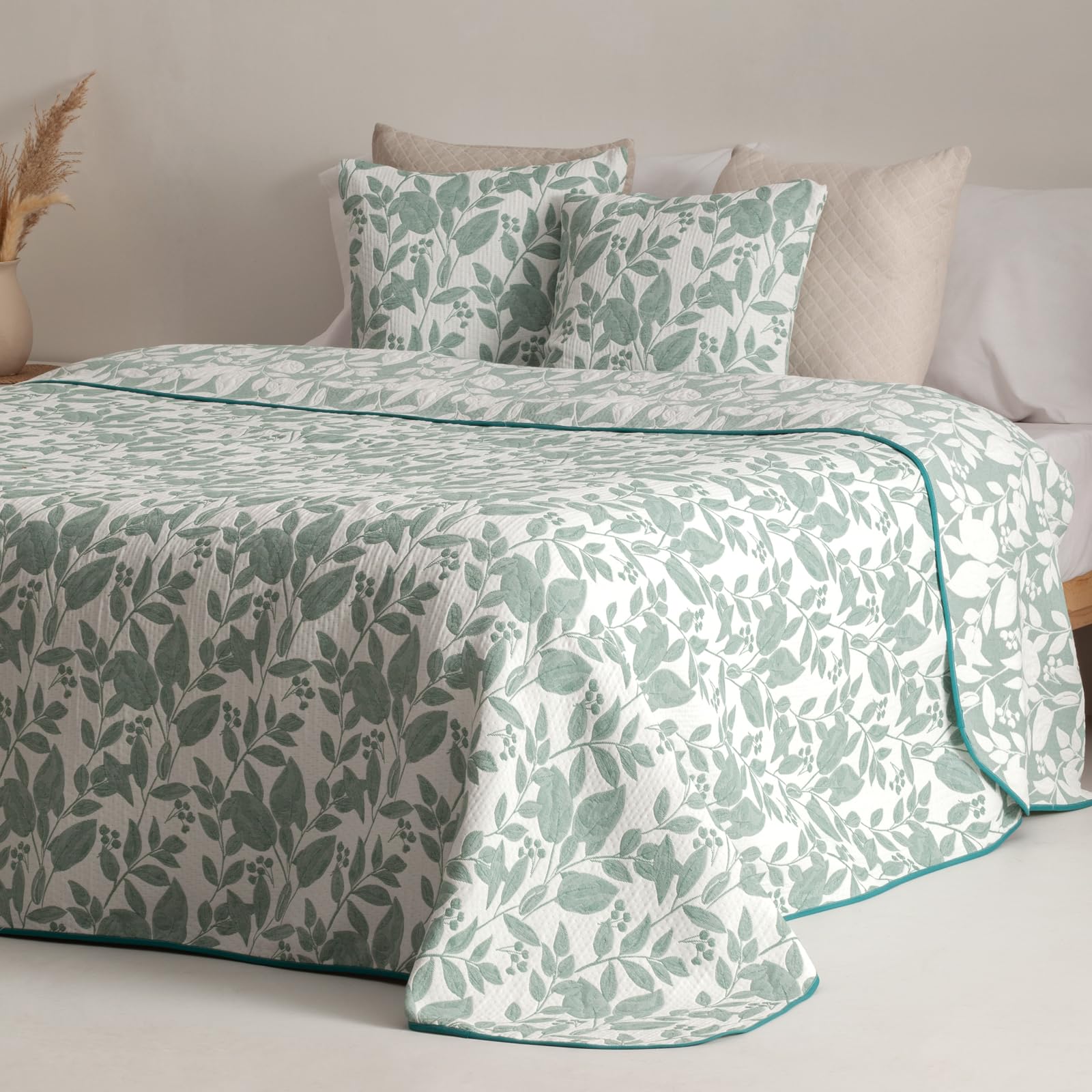 GAMUSI Colcha Cama 150 cm Ligera Entretiempo Primavera Verano Salvi Jacquard algodón Transpirable, 250x270 cm, Color Verde