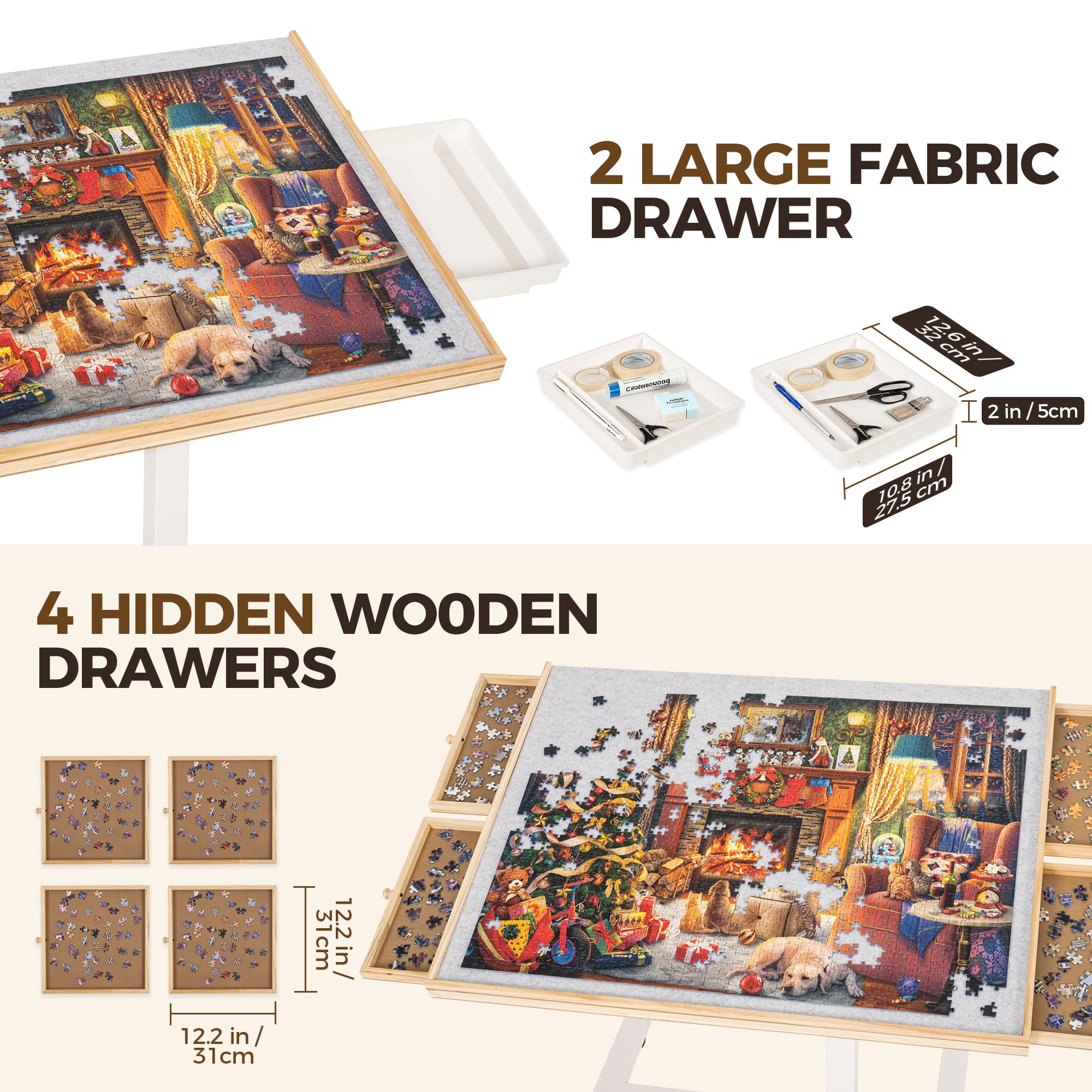 ROPODA Mesa Puzzle de 1500 Piezas, Tablero de Rompecabezas con Ajuste de Ángulo y Altura, Mesa de Rompecabezas con Seis Cajones, Tapa y Cuatro Ruedas, Puzzle Table con Pedestal Único, 89 x 68 cm