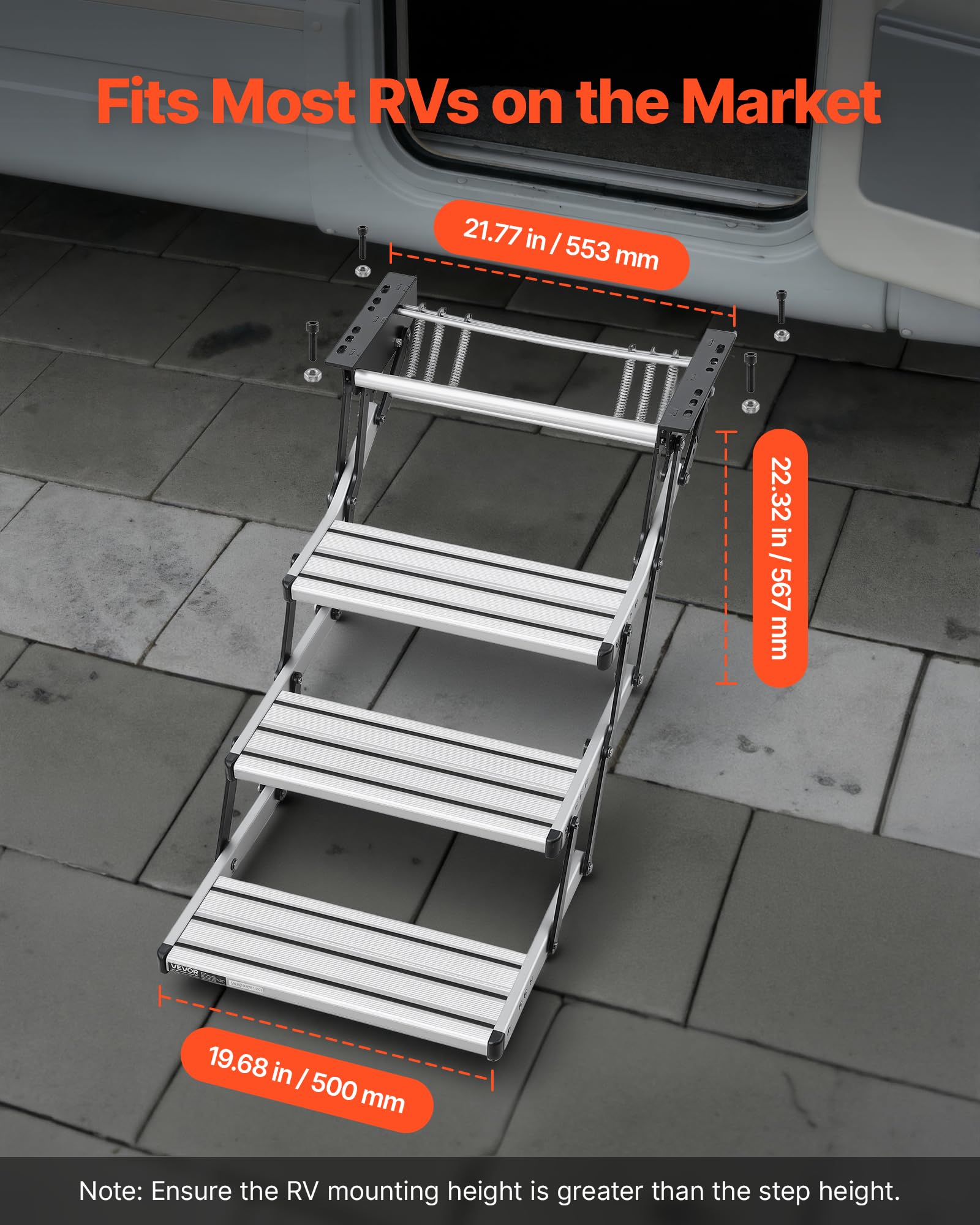 VEVOR Escalier Pliable à 3 Marches, Marchepied Rétractable Manuel,Structure en Acier, Marches Télescopiques Antidérapantes en Alliage d'Aluminium, pour Camping-Car Caravane Remorque, Capacité 200 kg